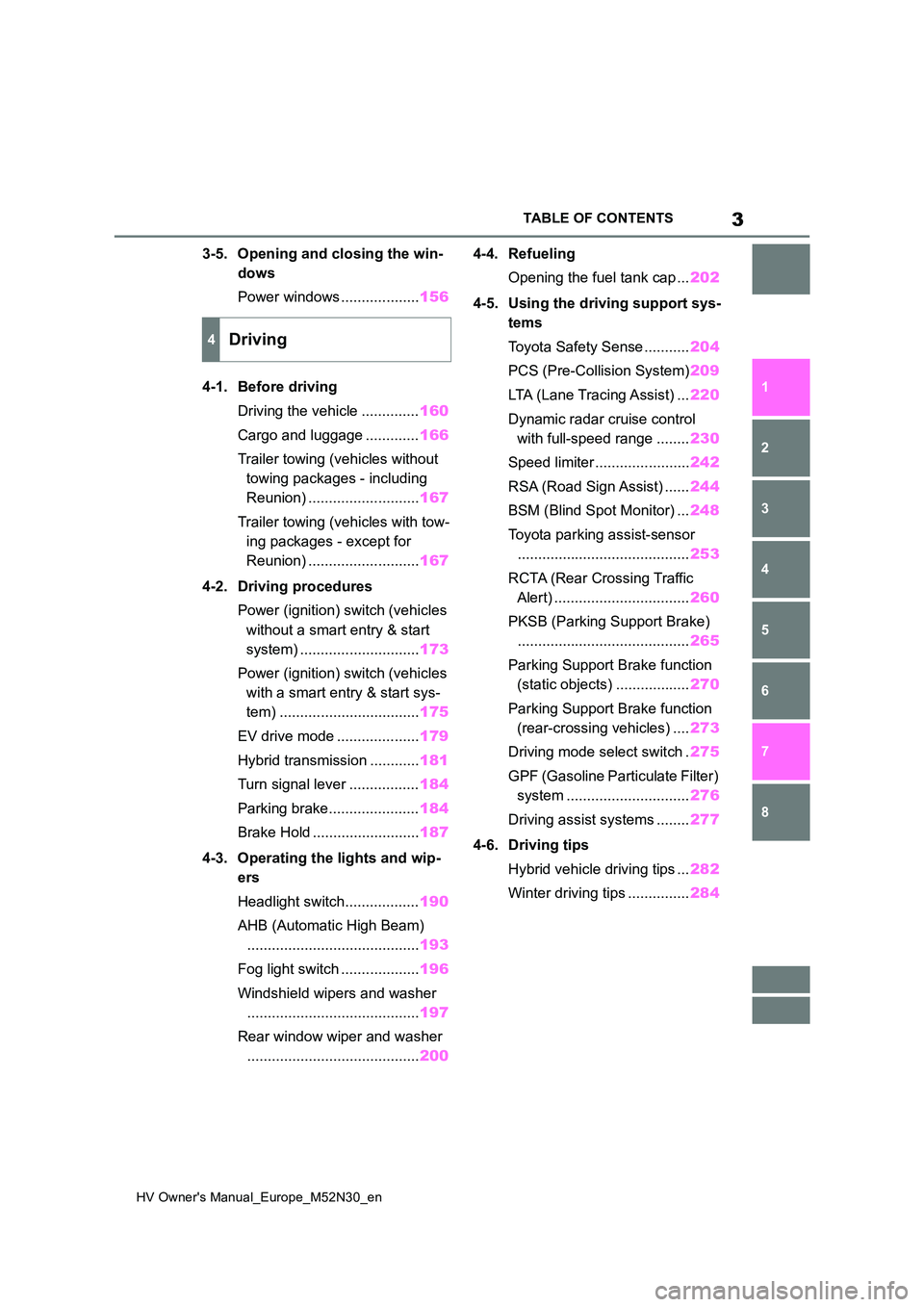 TOYOTA YARIS 2022  Owners Manual 3
HV Owner's Manual_Europe_M52N30_en
TABLE OF CONTENTS
1 
6 
5
4
3
2
8
7
3-5. Opening and closing the win- 
dows 
Power windows ................... 156 
4-1. Before driving 
Driving the vehicle ..