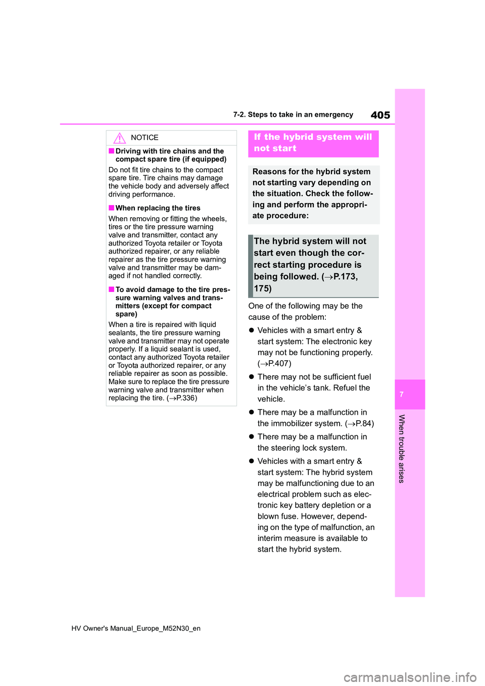 TOYOTA YARIS 2022 Owners Manual 405
7
HV Owner's Manual_Europe_M52N30_en
7-2. Steps to take in an emergency
When trouble arises
One of the following may be the
cause of the problem:
Vehicles with a smart entry &
start s TOYOTA YARIS 2022 Owners Manual 405
7
HV Owner's Manual_Europe_M52N30_en
7-2. Steps to take in an emergency
When trouble arises
One of the following may be the
cause of the problem:
Vehicles with a smart entry &
start s