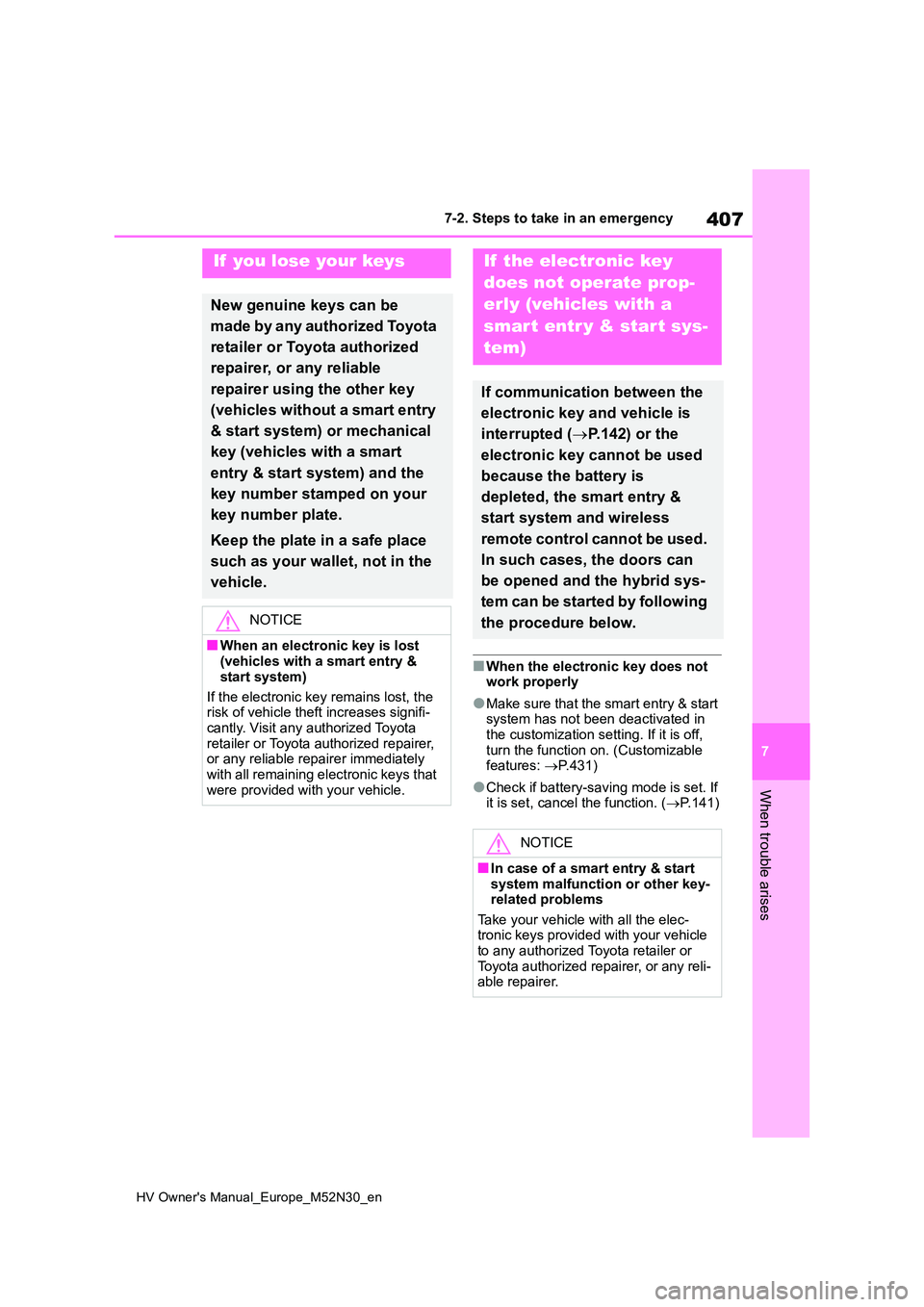 TOYOTA YARIS 2022 Owners Manual 407
7
HV Owner's Manual_Europe_M52N30_en
7-2. Steps to take in an emergency
When trouble arises
■When the electronic key does not work properly
●Make sure that the smart entry & start system TOYOTA YARIS 2022 Owners Manual 407
7
HV Owner's Manual_Europe_M52N30_en
7-2. Steps to take in an emergency
When trouble arises
■When the electronic key does not work properly
●Make sure that the smart entry & start system