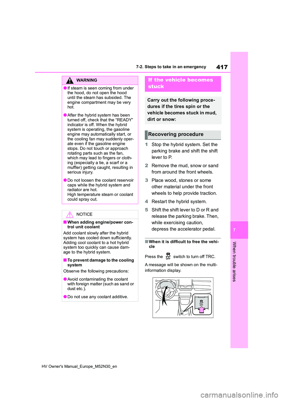 TOYOTA YARIS 2022  Owners Manual 417
7
HV Owner's Manual_Europe_M52N30_en
7-2. Steps to take in an emergency
When trouble arises
1Stop the hybrid system. Set the  
parking brake and shift the shift  
lever to P. 
2 Remove the mud