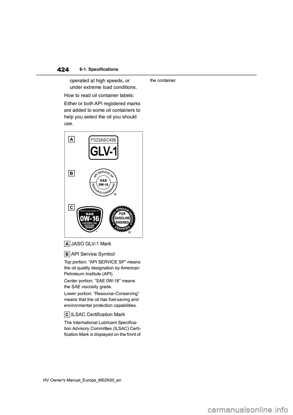 TOYOTA YARIS 2022 Owners Manual 424
HV Owner's Manual_Europe_M52N30_en
8-1. Specifications
operated at high speeds, or
under extreme load conditions.
How to read oil container labels:
Either or both API registered marks
ar TOYOTA YARIS 2022 Owners Manual 424
HV Owner's Manual_Europe_M52N30_en
8-1. Specifications
operated at high speeds, or
under extreme load conditions.
How to read oil container labels:
Either or both API registered marks
ar