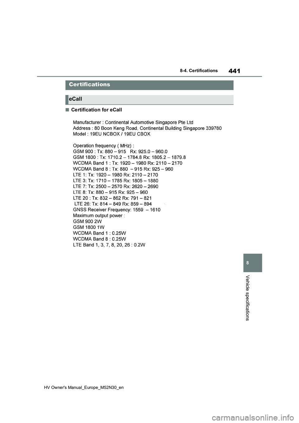 TOYOTA YARIS 2022  Owners Manual 441
8
HV Owner's Manual_Europe_M52N30_en
8-4. Certifications
Vehicle specifications
8-4.Certifications
■Certification for eCall
Cer tifications
eCall 