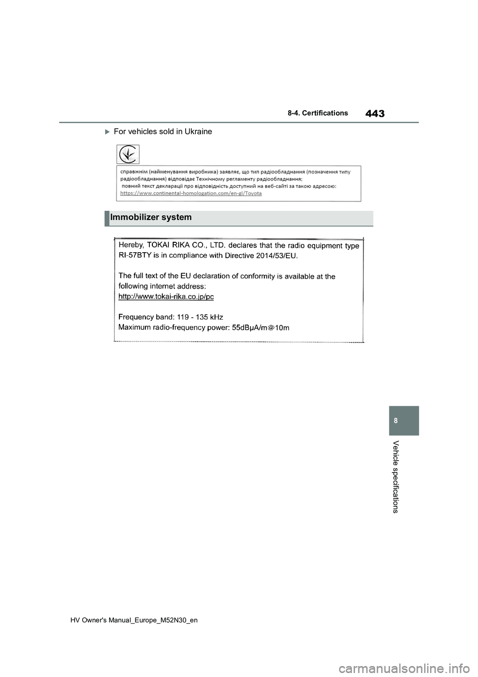 TOYOTA YARIS 2022  Owners Manual 443
8
HV Owner's Manual_Europe_M52N30_en
8-4. Certifications
Vehicle specifications
For vehicles sold in Ukraine
Immobilizer system 