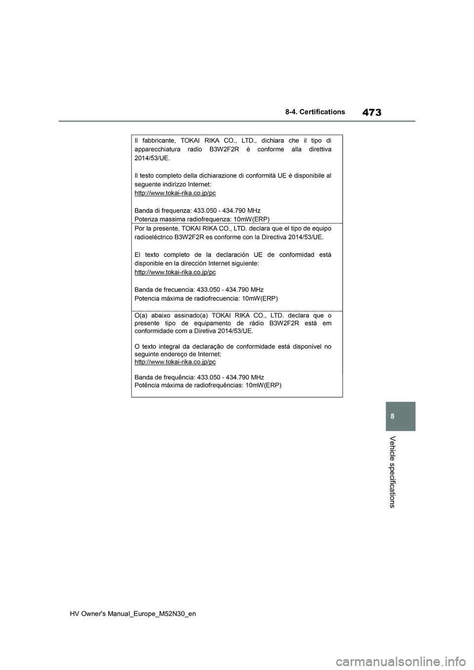 TOYOTA YARIS 2022  Owners Manual 473
8
HV Owner's Manual_Europe_M52N30_en
8-4. Certifications
Vehicle specifications 