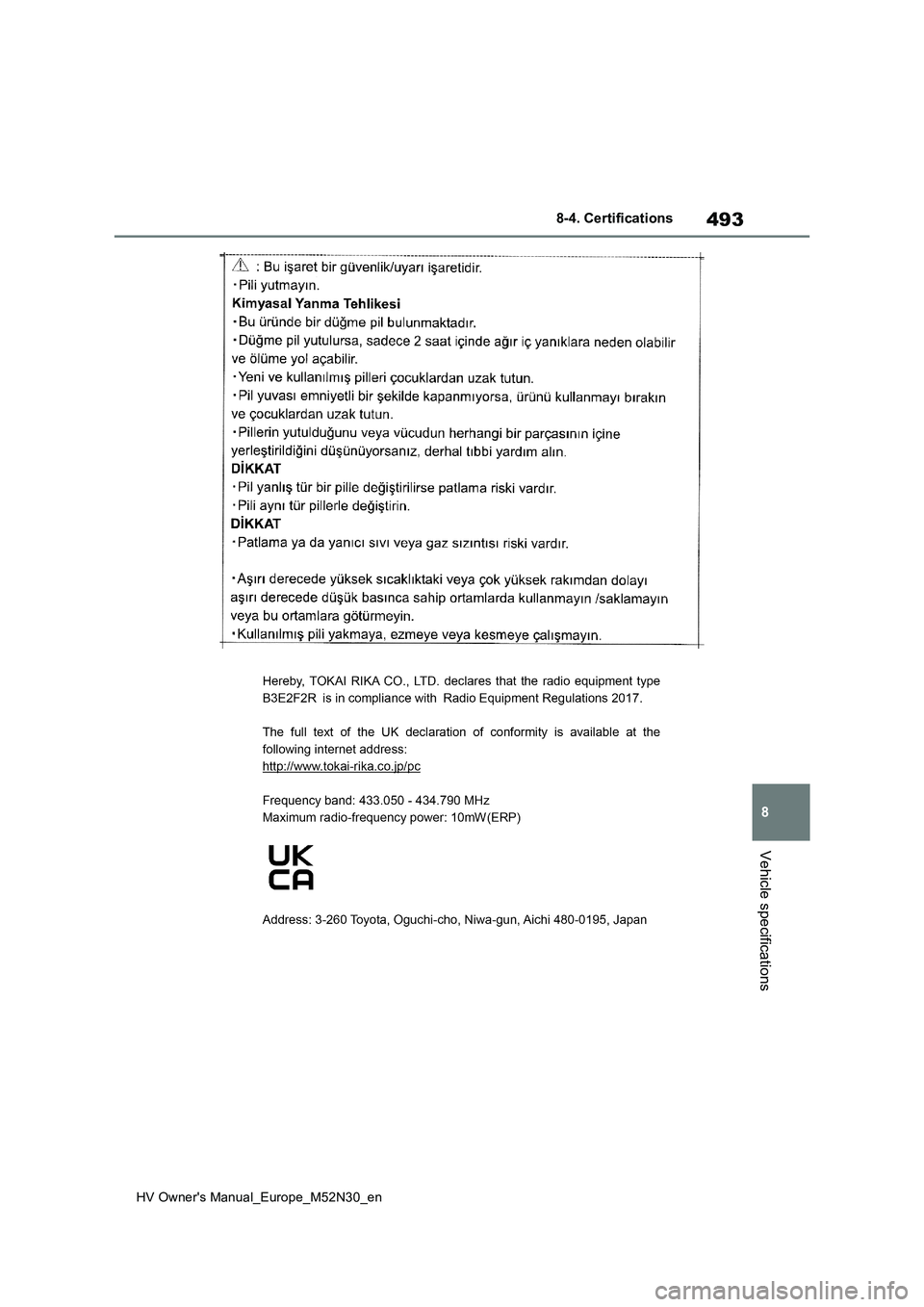 TOYOTA YARIS 2022 Owners Manual 493
8
HV Owner's Manual_Europe_M52N30_en
8-4. Certifications
Vehicle specifications TOYOTA YARIS 2022 Owners Manual 493
8
HV Owner's Manual_Europe_M52N30_en
8-4. Certifications
Vehicle specifications