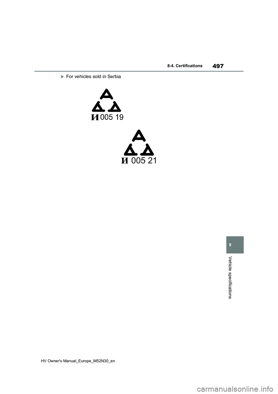 TOYOTA YARIS 2022 Owners Manual 497
8
HV Owner's Manual_Europe_M52N30_en
8-4. Certifications
Vehicle specifications
For vehicles sold in Serbia TOYOTA YARIS 2022 Owners Manual 497
8
HV Owner's Manual_Europe_M52N30_en
8-4. Certifications
Vehicle specifications
For vehicles sold in Serbia