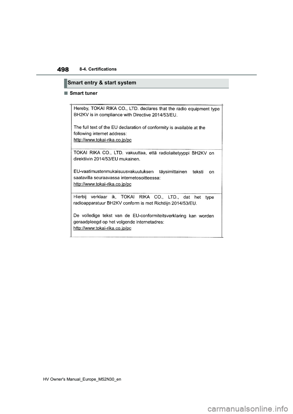 TOYOTA YARIS 2022 Owners Manual 498
HV Owner's Manual_Europe_M52N30_en
8-4. Certifications
■Smart tuner
Smart entry & start system TOYOTA YARIS 2022 Owners Manual 498
HV Owner's Manual_Europe_M52N30_en
8-4. Certifications
■Smart tuner
Smart entry & start system