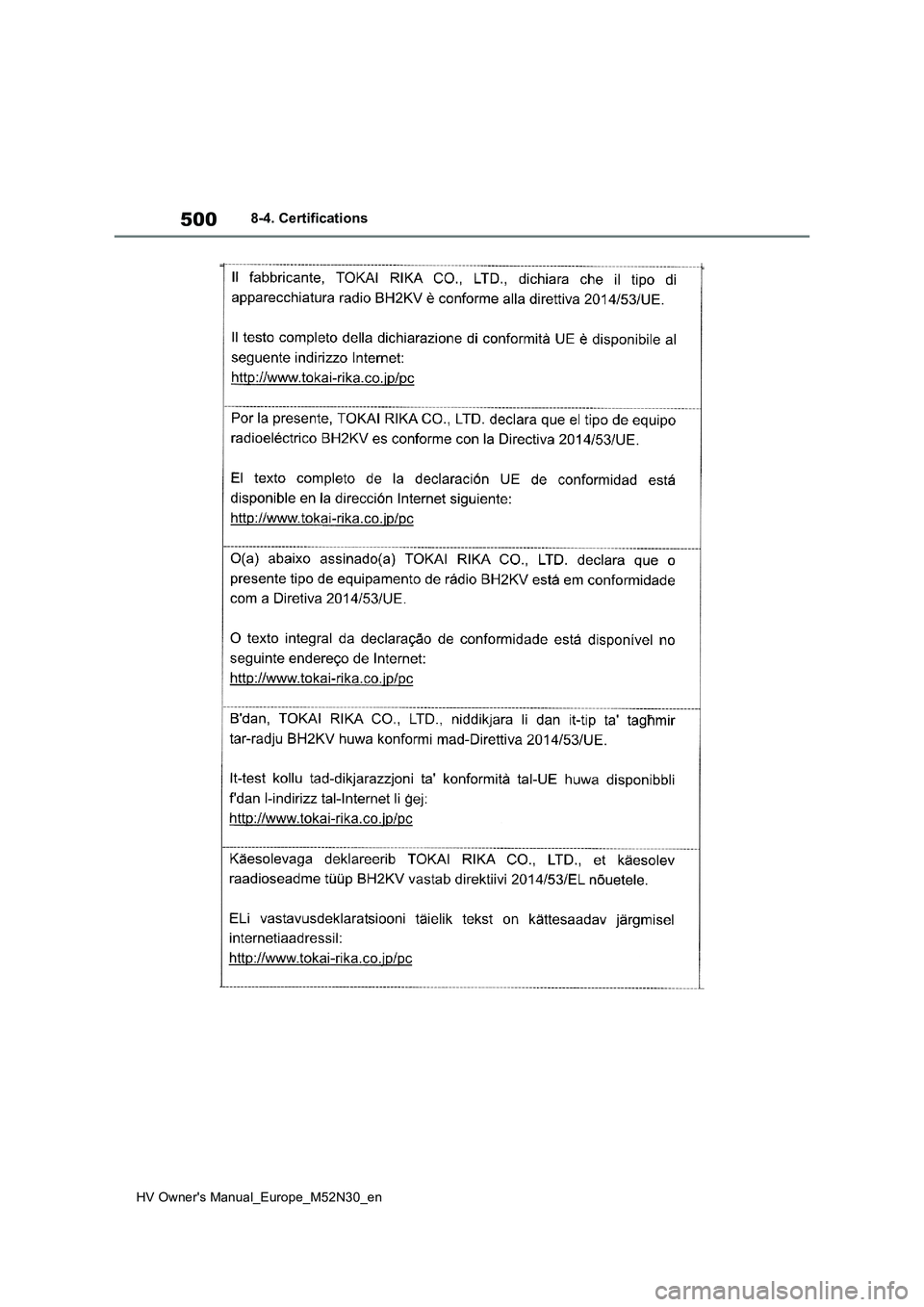 TOYOTA YARIS 2022 Owners Manual 500
HV Owner's Manual_Europe_M52N30_en
8-4. Certifications TOYOTA YARIS 2022 Owners Manual 500
HV Owner's Manual_Europe_M52N30_en
8-4. Certifications