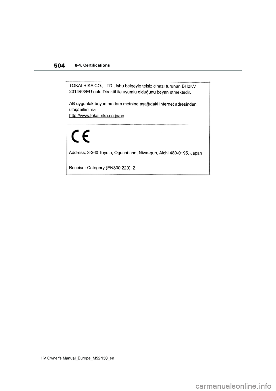 TOYOTA YARIS 2022 Owners Manual 504
HV Owner's Manual_Europe_M52N30_en
8-4. Certifications TOYOTA YARIS 2022 Owners Manual 504
HV Owner's Manual_Europe_M52N30_en
8-4. Certifications