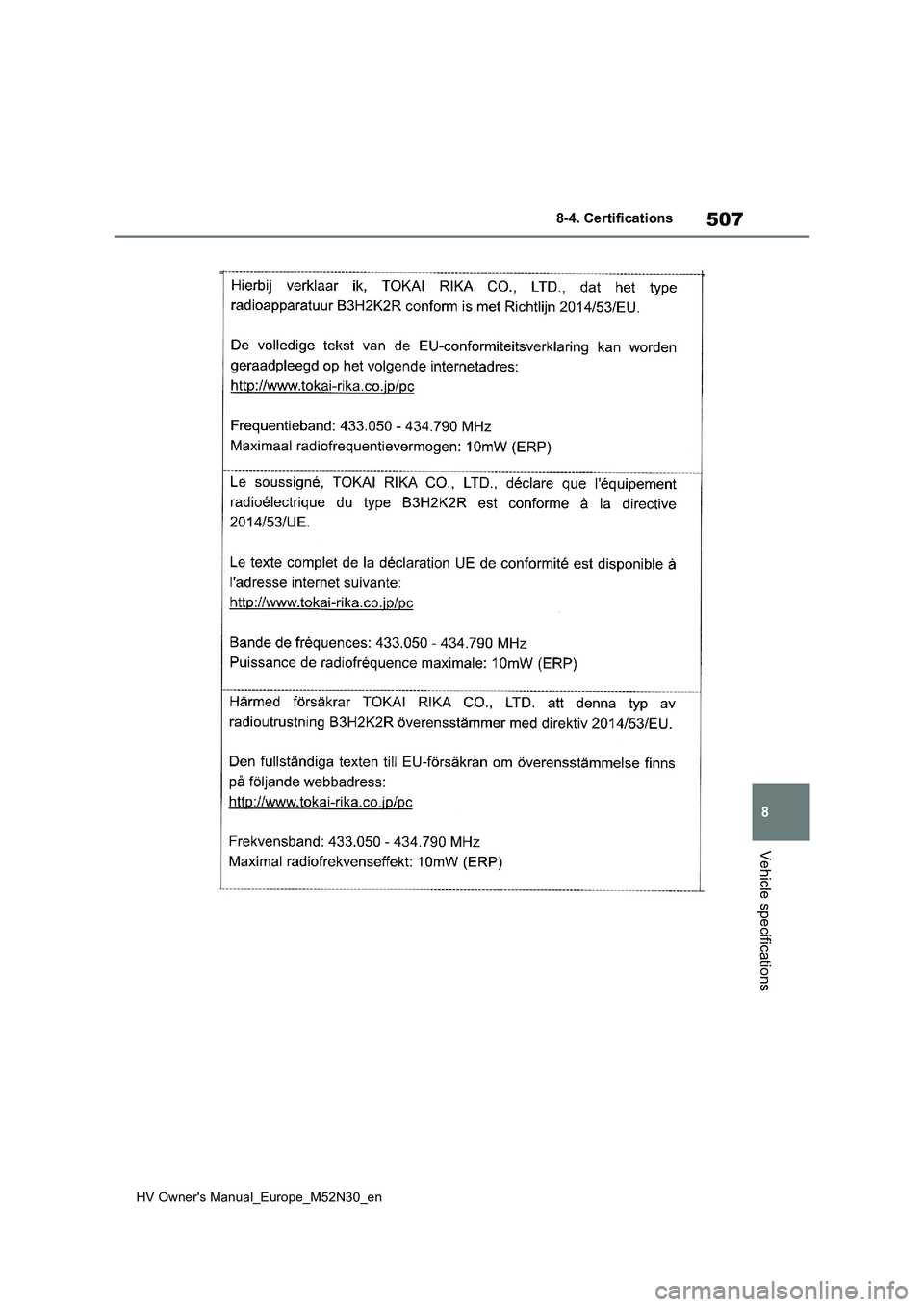 TOYOTA YARIS 2022 Owners Manual 507
8
HV Owner's Manual_Europe_M52N30_en
8-4. Certifications
Vehicle specifications TOYOTA YARIS 2022 Owners Manual 507
8
HV Owner's Manual_Europe_M52N30_en
8-4. Certifications
Vehicle specifications