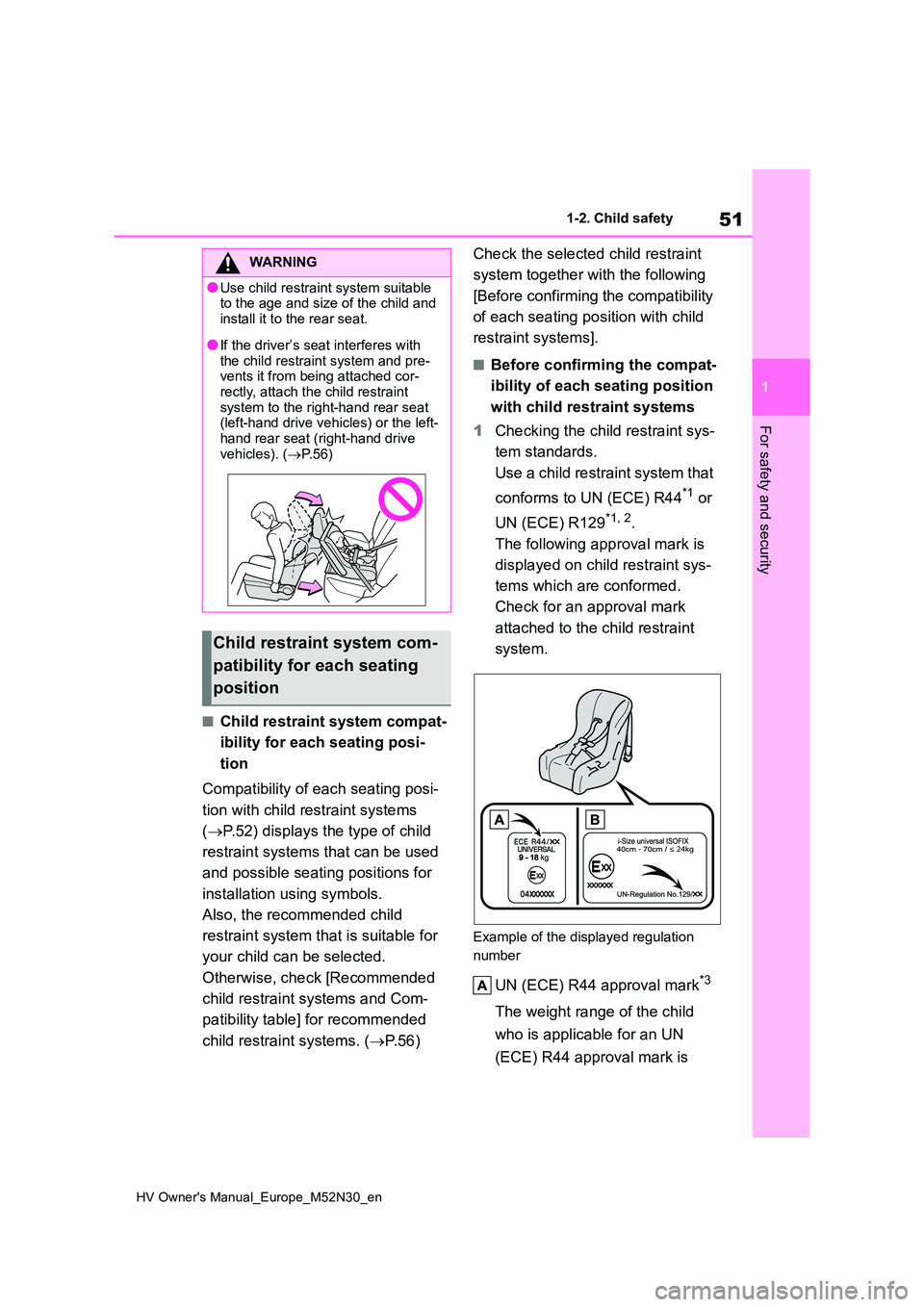 TOYOTA YARIS 2022 User Guide 51
1
HV Owner's Manual_Europe_M52N30_en
1-2. Child safety
For safety and security
■Child restraint system compat- 
ibility for each seating posi- 
tion 
Compatibility of each seating posi- 
tion