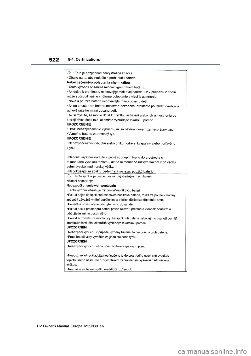 TOYOTA YARIS 2022  Owners Manual 522
HV Owner's Manual_Europe_M52N30_en
8-4. Certifications 