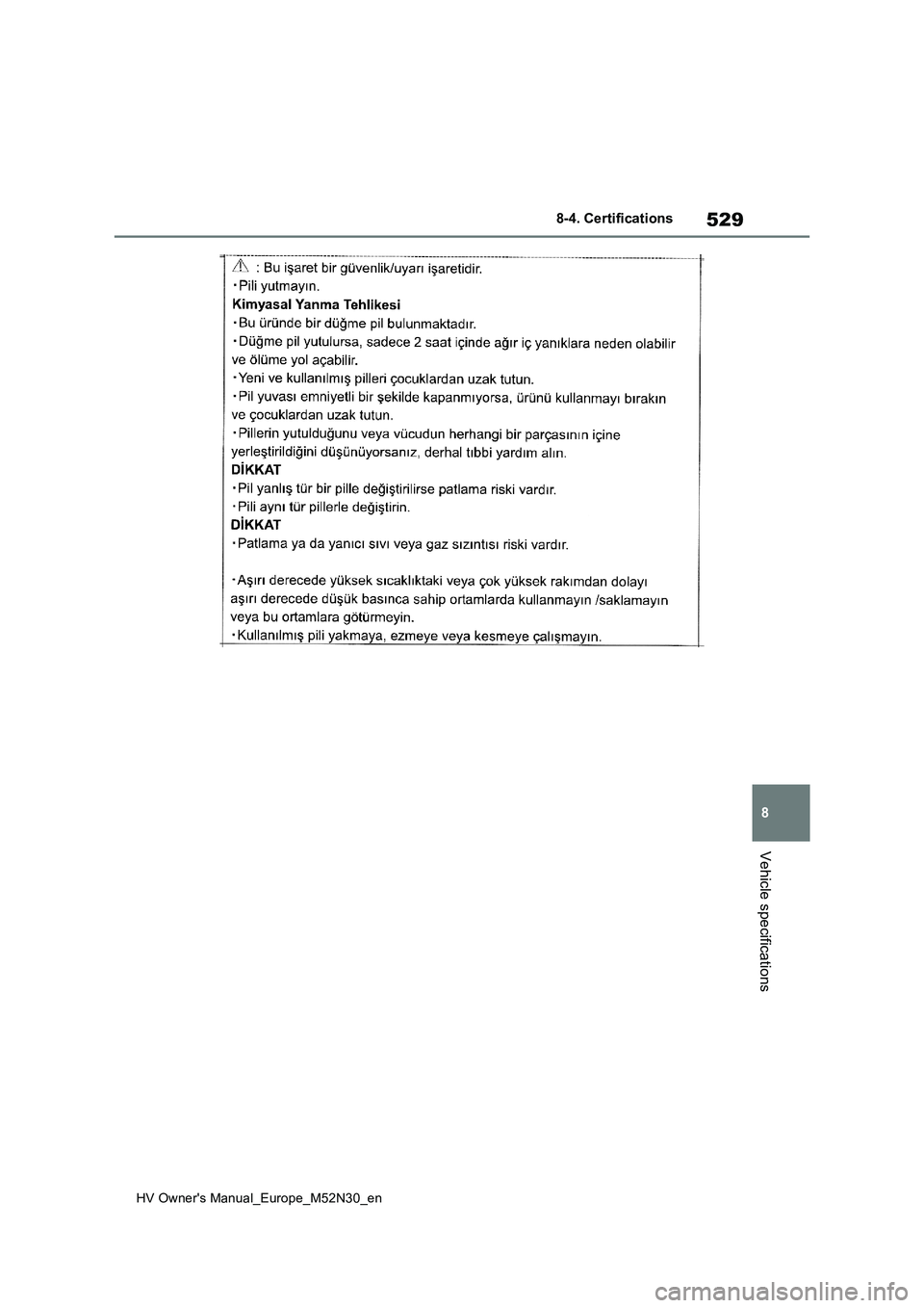 TOYOTA YARIS 2022  Owners Manual 529
8
HV Owner's Manual_Europe_M52N30_en
8-4. Certifications
Vehicle specifications 