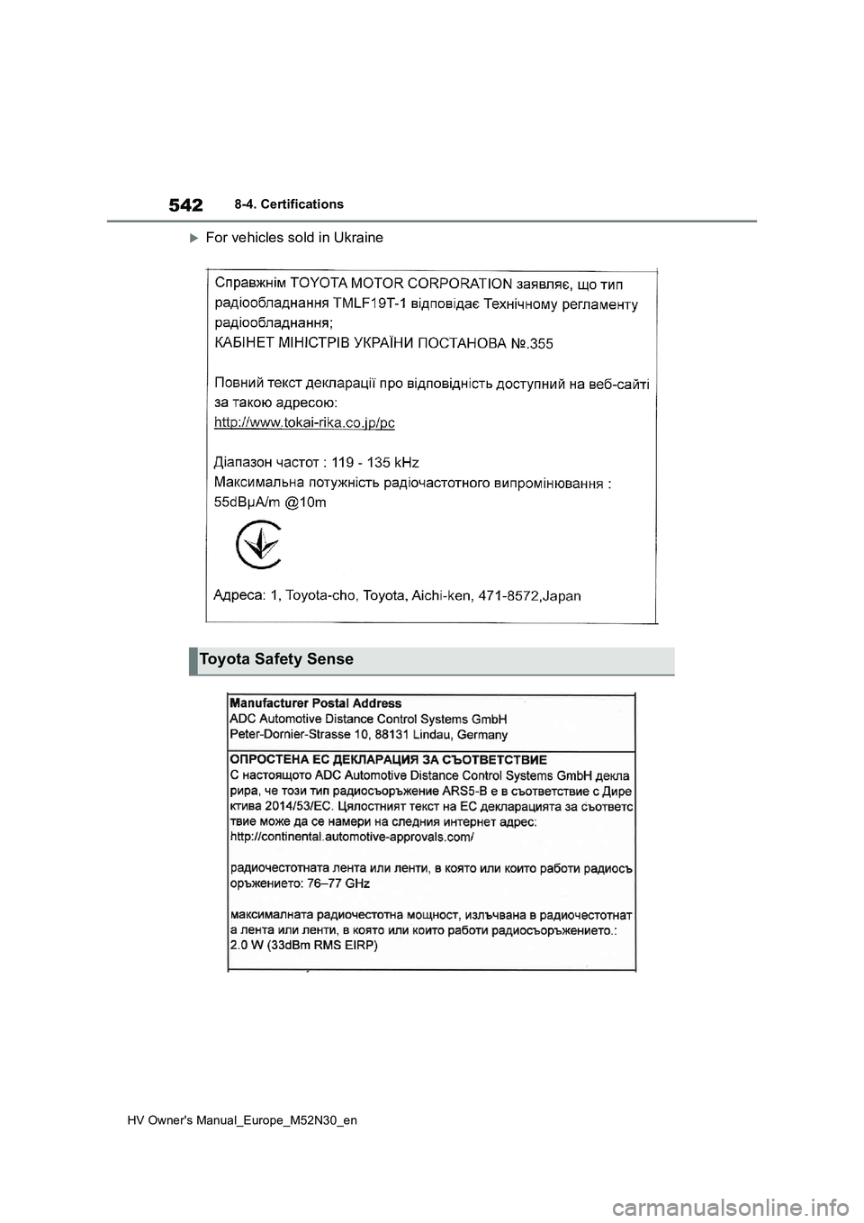 TOYOTA YARIS 2022  Owners Manual 542
HV Owner's Manual_Europe_M52N30_en
8-4. Certifications
For vehicles sold in Ukraine
Toyota Safety Sense 