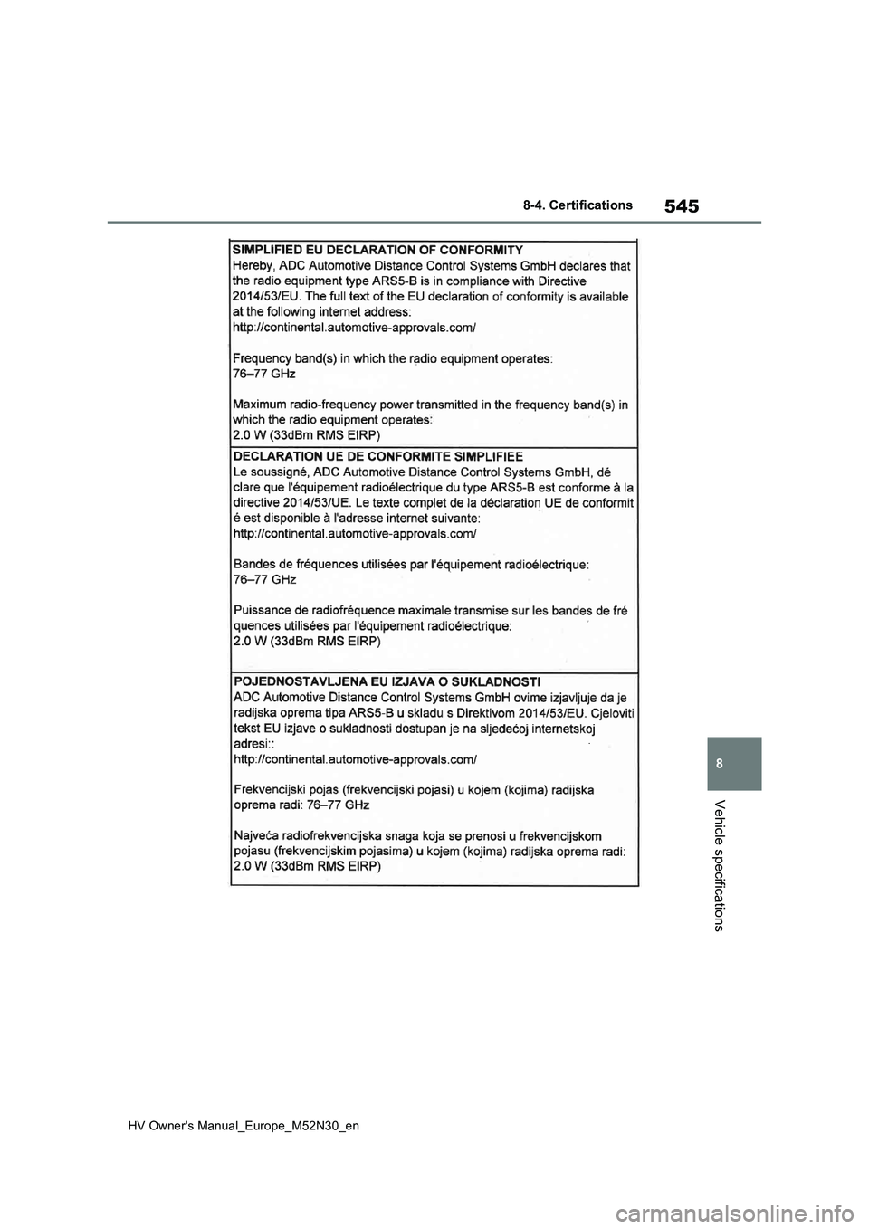 TOYOTA YARIS 2022  Owners Manual 545
8
HV Owner's Manual_Europe_M52N30_en
8-4. Certifications
Vehicle specifications 