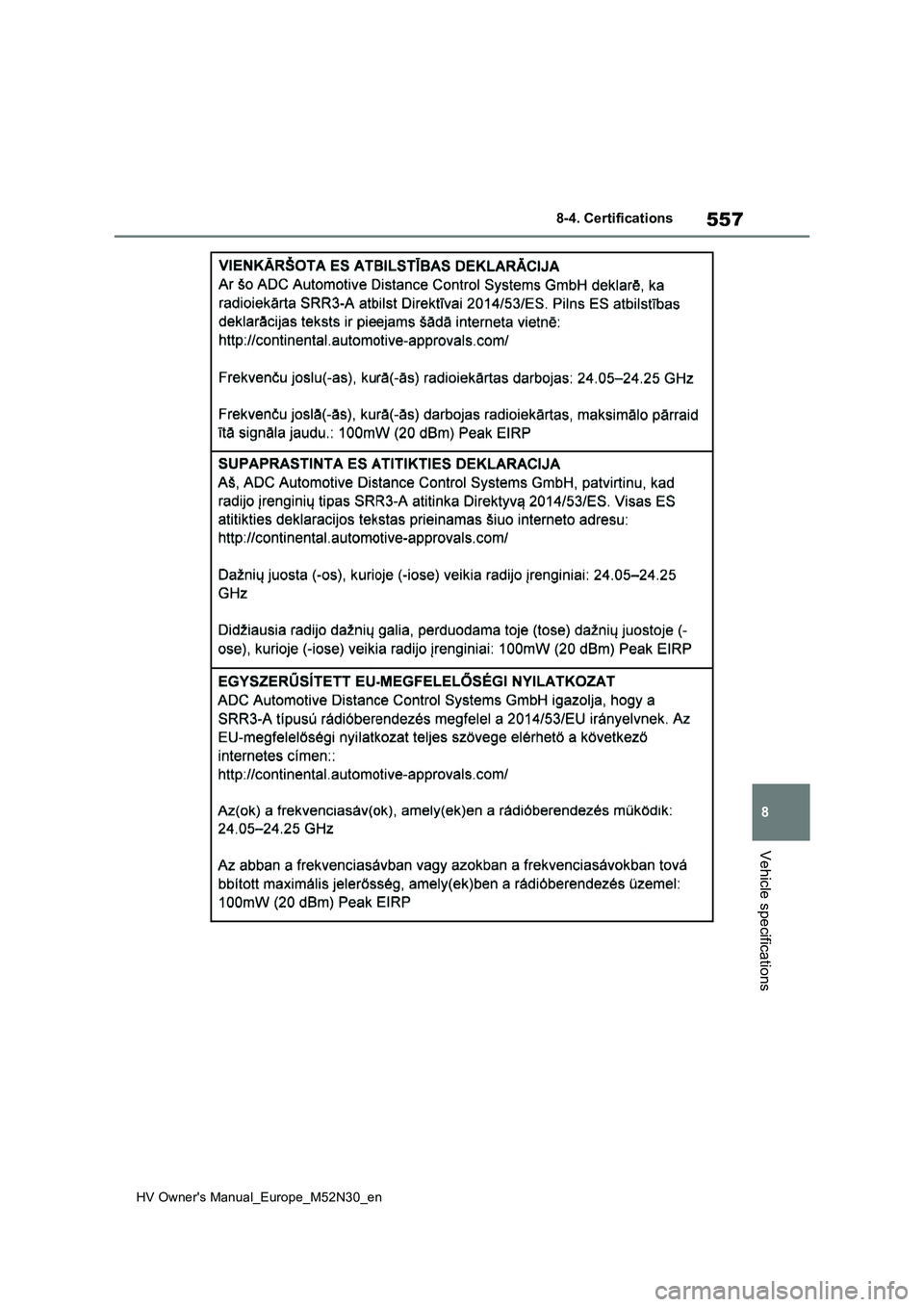 TOYOTA YARIS 2022  Owners Manual 557
8
HV Owner's Manual_Europe_M52N30_en
8-4. Certifications
Vehicle specifications 