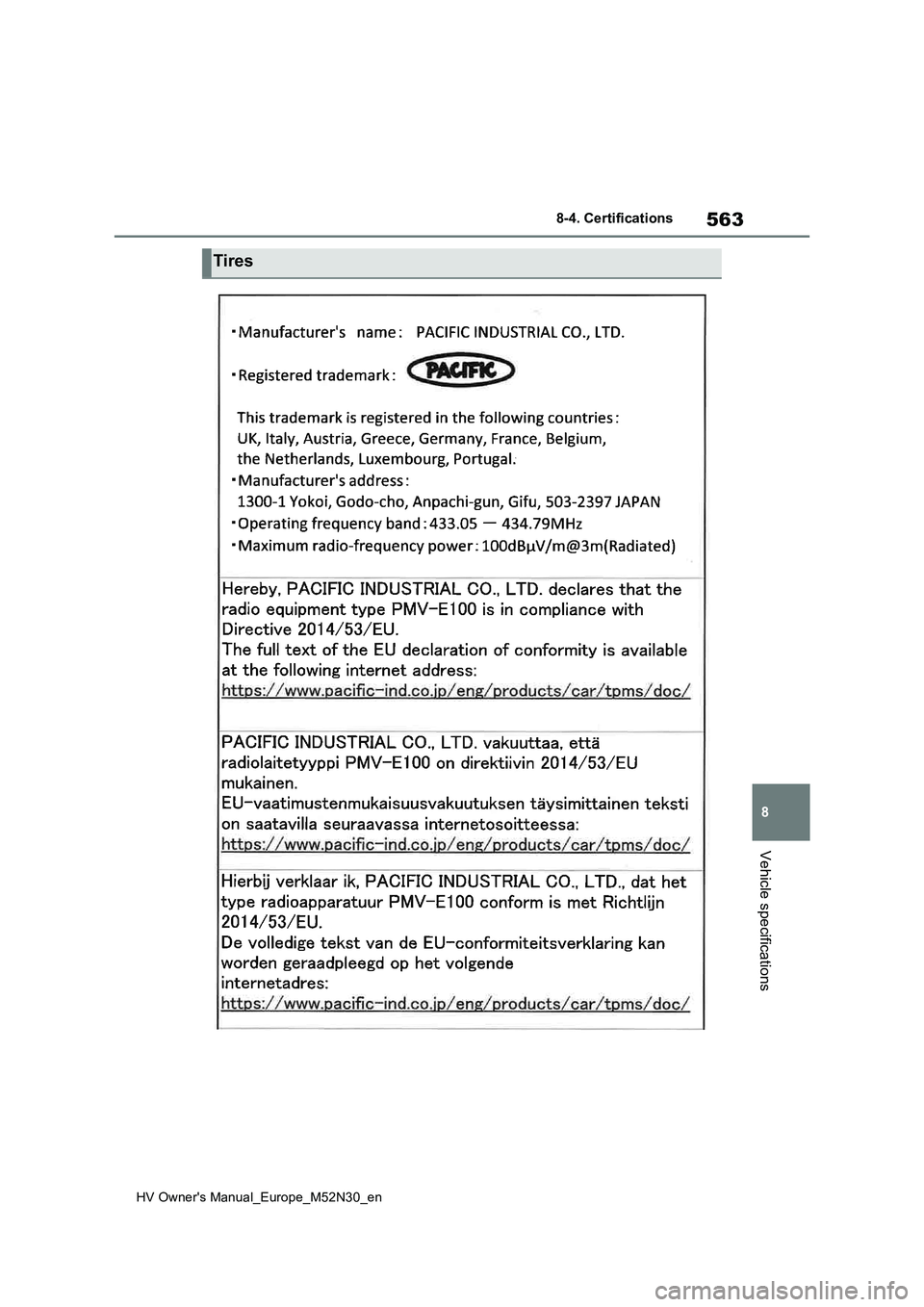 TOYOTA YARIS 2022 Owners Manual 563
8
HV Owner's Manual_Europe_M52N30_en
8-4. Certifications
Vehicle specifications
Tires TOYOTA YARIS 2022 Owners Manual 563
8
HV Owner's Manual_Europe_M52N30_en
8-4. Certifications
Vehicle specifications
Tires
