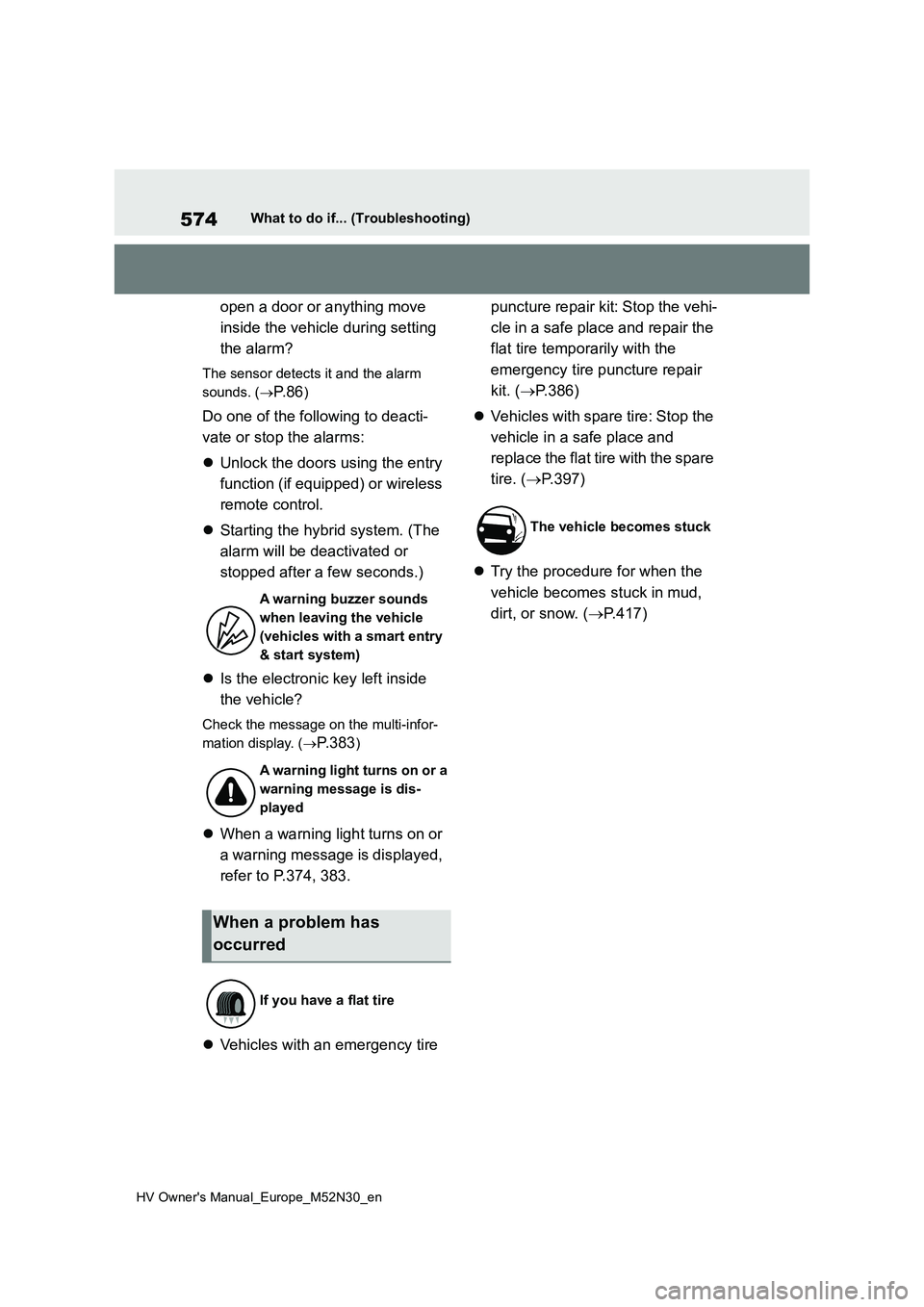 TOYOTA YARIS 2022 Repair Manual 574
HV Owner's Manual_Europe_M52N30_en
What to do if... (Troubleshooting)
open a door or anything move
inside the vehicle during setting
the alarm?
The sensor detects it and the alarm
sounds TOYOTA YARIS 2022 Repair Manual 574
HV Owner's Manual_Europe_M52N30_en
What to do if... (Troubleshooting)
open a door or anything move
inside the vehicle during setting
the alarm?
The sensor detects it and the alarm
sounds