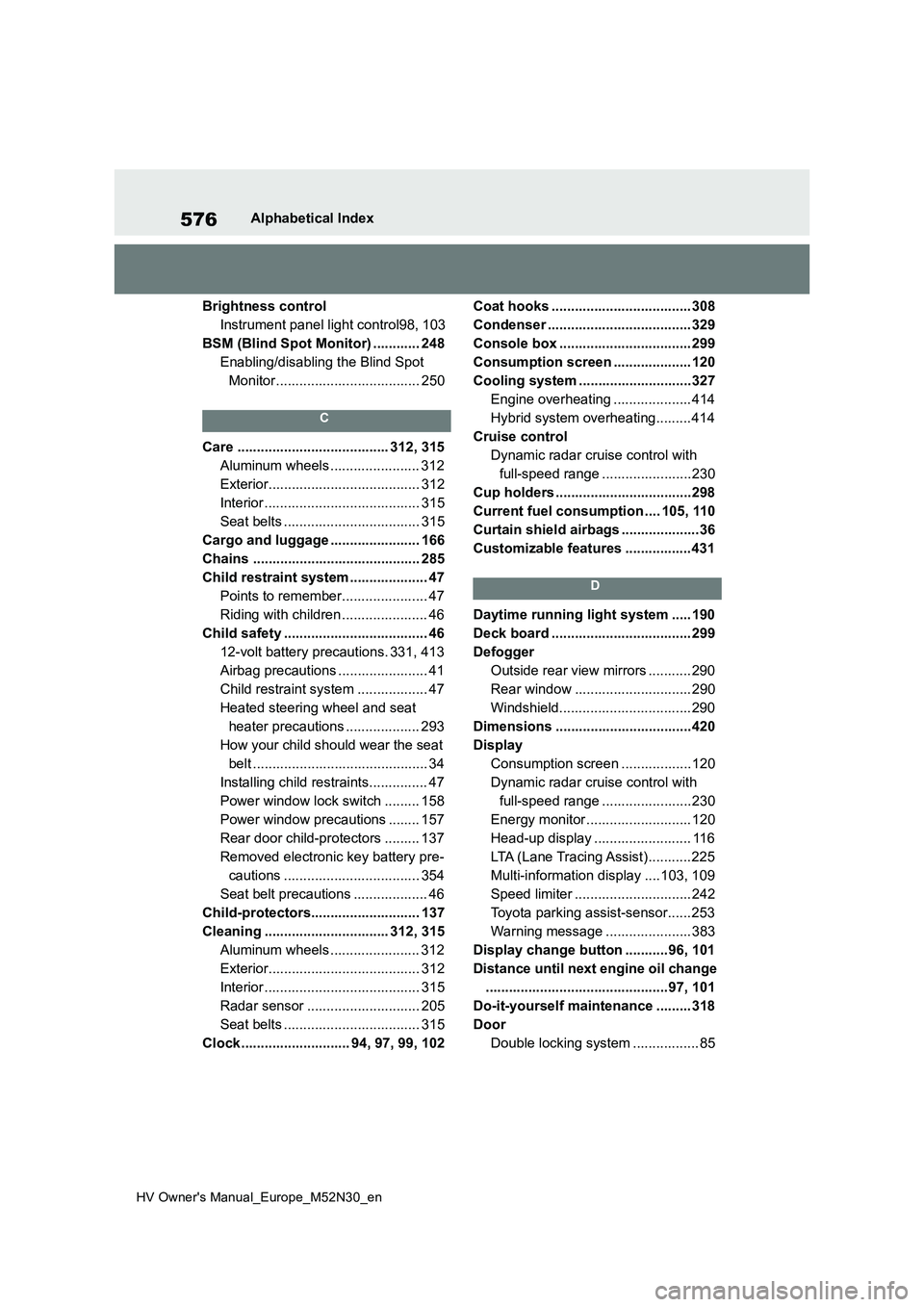 TOYOTA YARIS 2022 Repair Manual 576
HV Owner's Manual_Europe_M52N30_en
Alphabetical Index
Brightness control
Instrument panel light control98, 103
BSM (Blind Spot Monitor) ............ 248
Enabling/disabling the Blind Spot
Mo TOYOTA YARIS 2022 Repair Manual 576
HV Owner's Manual_Europe_M52N30_en
Alphabetical Index
Brightness control
Instrument panel light control98, 103
BSM (Blind Spot Monitor) ............ 248
Enabling/disabling the Blind Spot
Mo