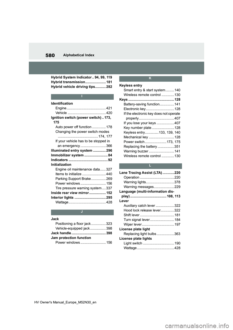 TOYOTA YARIS 2022 Owners Manual 580
HV Owner's Manual_Europe_M52N30_en
Alphabetical Index
Hybrid System Indicator .. 94, 99, 119
Hybrid transmission ..................... 181
Hybrid vehicle driving tips........... 282
I
Identi TOYOTA YARIS 2022 Owners Manual 580
HV Owner's Manual_Europe_M52N30_en
Alphabetical Index
Hybrid System Indicator .. 94, 99, 119
Hybrid transmission ..................... 181
Hybrid vehicle driving tips........... 282
I
Identi
