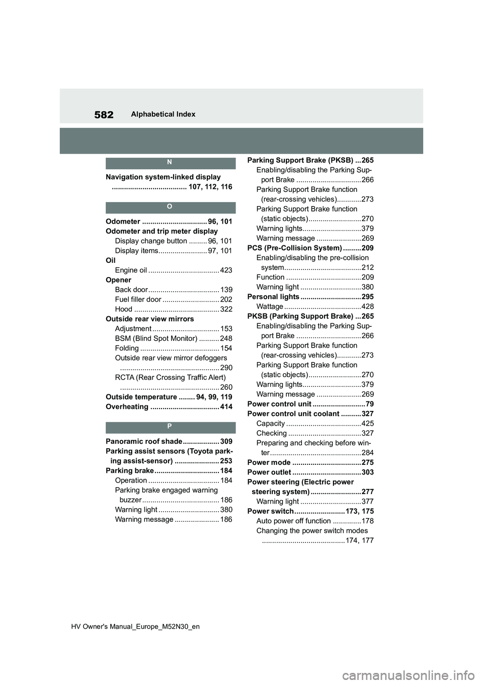 TOYOTA YARIS 2022  Owners Manual 582
HV Owner's Manual_Europe_M52N30_en
Alphabetical Index
N
Navigation system-linked display 
..................................... 107, 112, 116
O
Odometer ................................ 96, 10