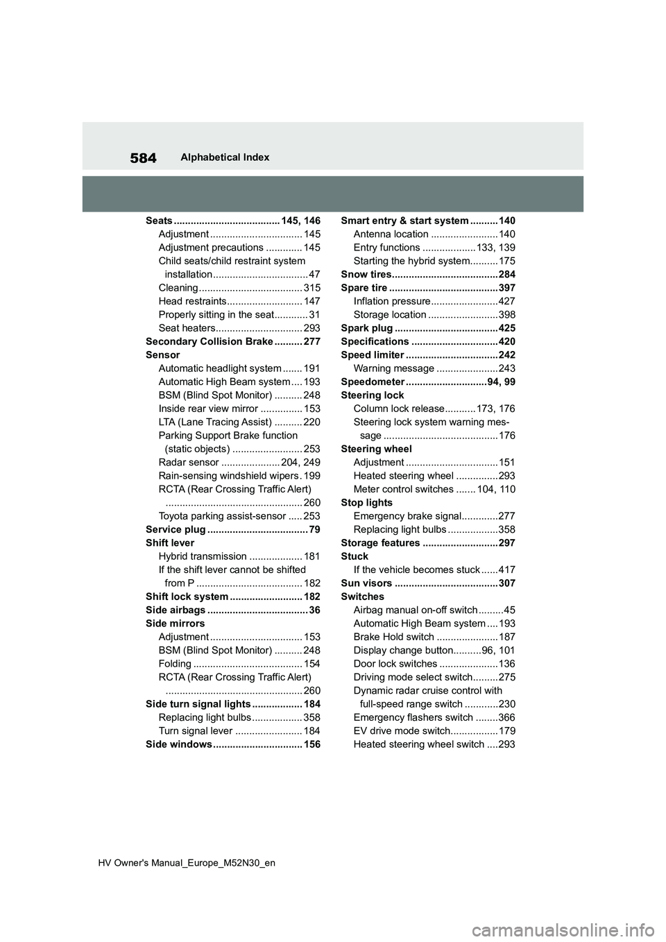TOYOTA YARIS 2022 Repair Manual 584
HV Owner's Manual_Europe_M52N30_en
Alphabetical Index
Seats ...................................... 145, 146
Adjustment ................................. 145
Adjustment precautions .......... TOYOTA YARIS 2022 Repair Manual 584
HV Owner's Manual_Europe_M52N30_en
Alphabetical Index
Seats ...................................... 145, 146
Adjustment ................................. 145
Adjustment precautions ..........