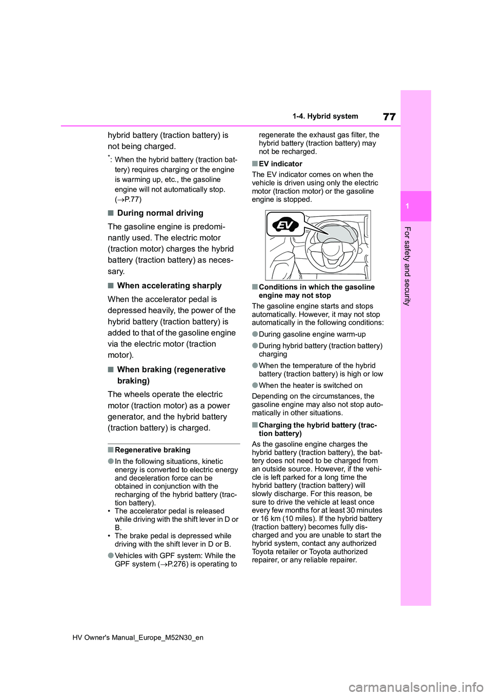 TOYOTA YARIS 2022 Manual PDF 77
1
HV Owner's Manual_Europe_M52N30_en
1-4. Hybrid system
For safety and security
hybrid battery (traction battery) is
not being charged.
*: When the hybrid battery (traction bat-
tery) requir TOYOTA YARIS 2022 Manual PDF 77
1
HV Owner's Manual_Europe_M52N30_en
1-4. Hybrid system
For safety and security
hybrid battery (traction battery) is
not being charged.
*: When the hybrid battery (traction bat-
tery) requir