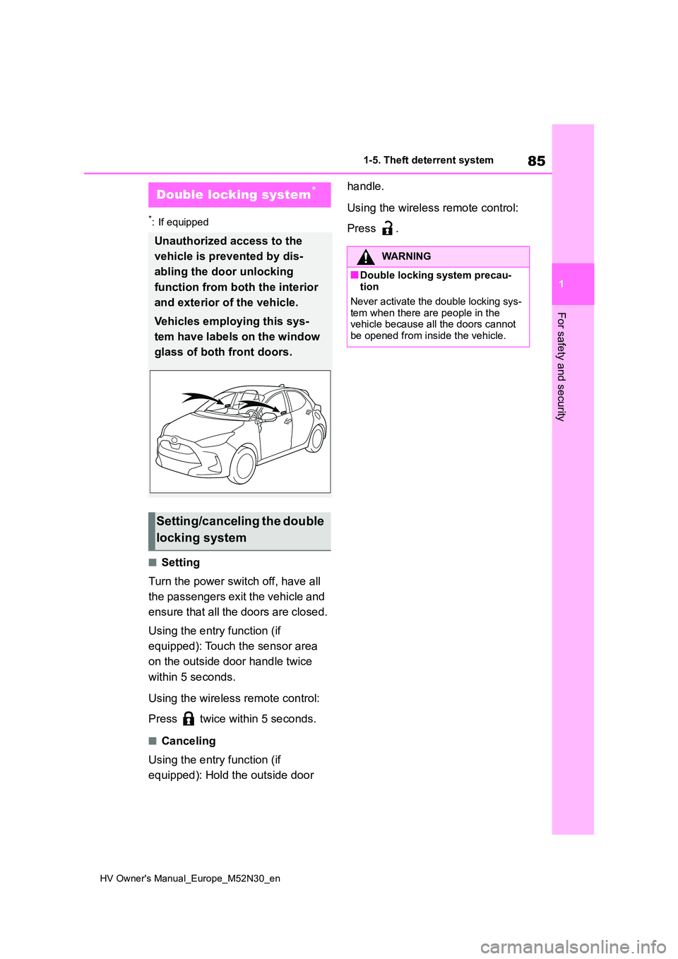 TOYOTA YARIS 2022 Owners Manual 85
1
HV Owner's Manual_Europe_M52N30_en
1-5. Theft deterrent system
For safety and security
*: If equipped
■Setting
Turn the power switch off, have all
the passengers exit the vehicle and
e TOYOTA YARIS 2022 Owners Manual 85
1
HV Owner's Manual_Europe_M52N30_en
1-5. Theft deterrent system
For safety and security
*: If equipped
■Setting
Turn the power switch off, have all
the passengers exit the vehicle and
e