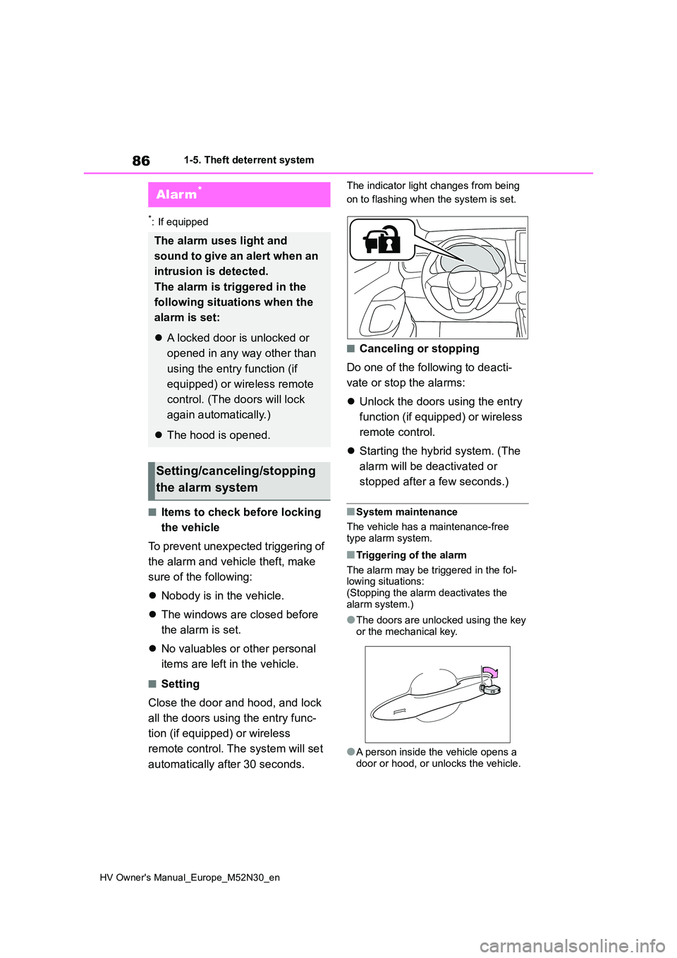 TOYOTA YARIS 2022 Owners Manual 86
HV Owner's Manual_Europe_M52N30_en
1-5. Theft deterrent system
*: If equipped
■Items to check before locking
the vehicle
To prevent unexpected triggering of
the alarm and vehicle theft, TOYOTA YARIS 2022 Owners Manual 86
HV Owner's Manual_Europe_M52N30_en
1-5. Theft deterrent system
*: If equipped
■Items to check before locking
the vehicle
To prevent unexpected triggering of
the alarm and vehicle theft,