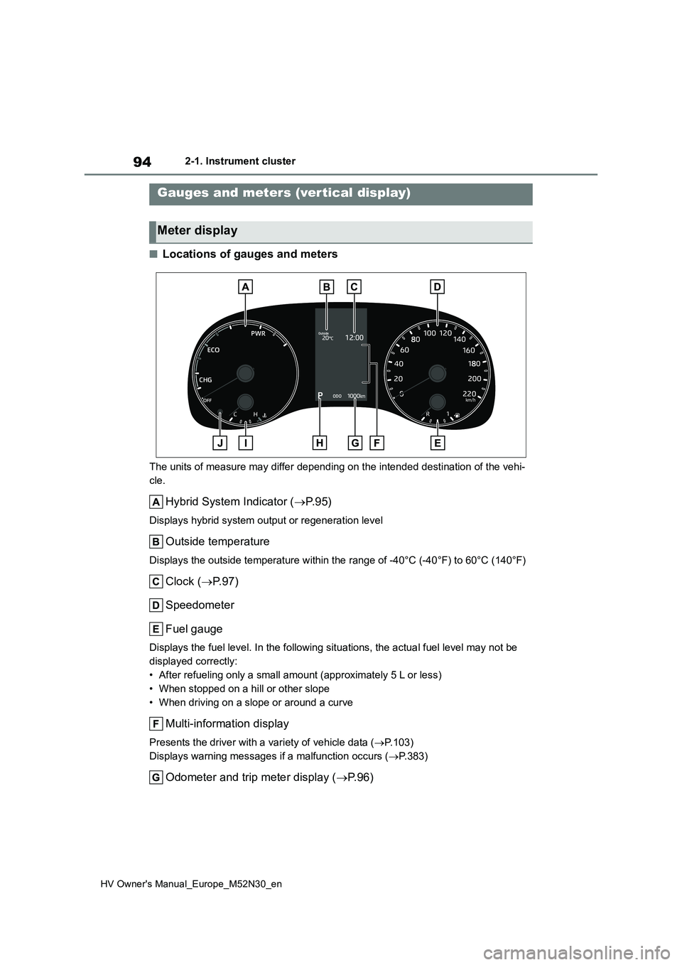 TOYOTA YARIS 2022  Owners Manual 94
HV Owner's Manual_Europe_M52N30_en
2-1. Instrument cluster
■Locations of gauges and meters
The units of measure may differ depending on the intended destination of the vehi- 
cle.
Hybrid Syst