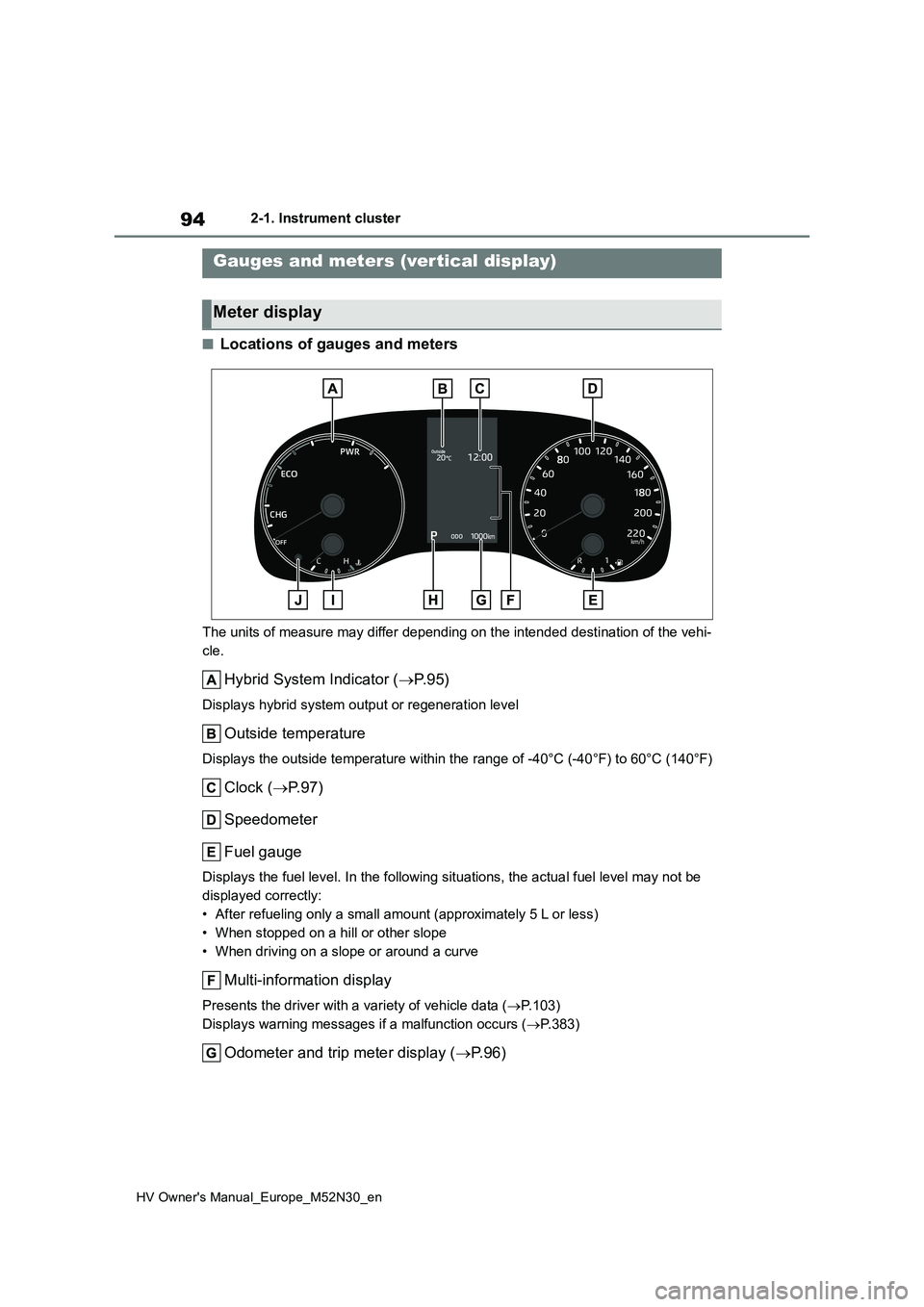 TOYOTA YARIS 2022 Owners Manual 94
HV Owner's Manual_Europe_M52N30_en
2-1. Instrument cluster
■Locations of gauges and meters
The units of measure may differ depending on the intended destination of the vehi-
cle.
Hybrid Syst TOYOTA YARIS 2022 Owners Manual 94
HV Owner's Manual_Europe_M52N30_en
2-1. Instrument cluster
■Locations of gauges and meters
The units of measure may differ depending on the intended destination of the vehi-
cle.
Hybrid Syst