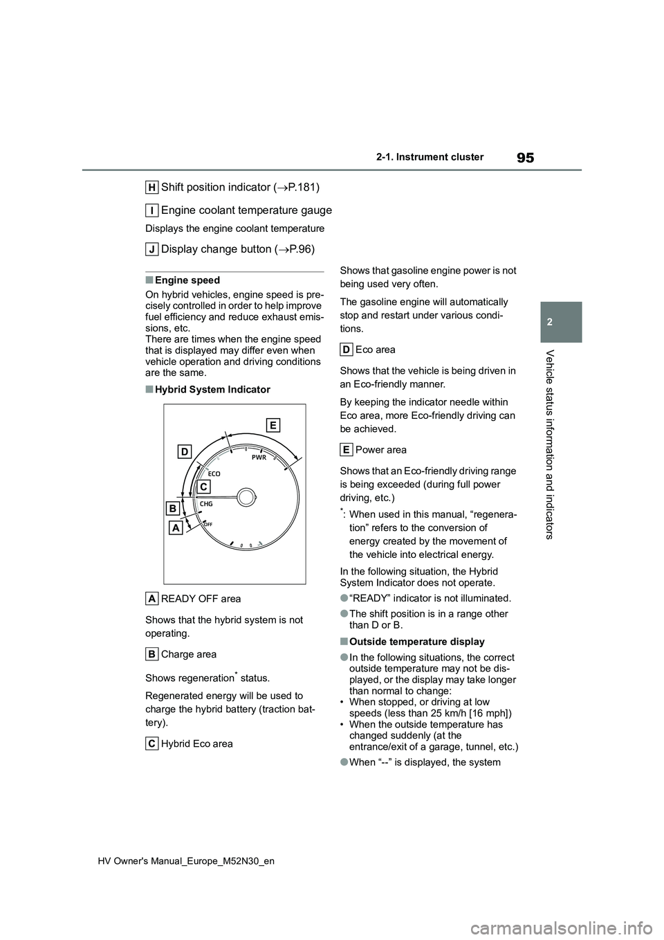 TOYOTA YARIS 2022 Owners Manual 95
2
HV Owner's Manual_Europe_M52N30_en
2-1. Instrument cluster
Vehicle status information and indicators
Shift position indicator (P.181)
Engine coolant temperature gauge
Displays the engine TOYOTA YARIS 2022 Owners Manual 95
2
HV Owner's Manual_Europe_M52N30_en
2-1. Instrument cluster
Vehicle status information and indicators
Shift position indicator (P.181)
Engine coolant temperature gauge
Displays the engine