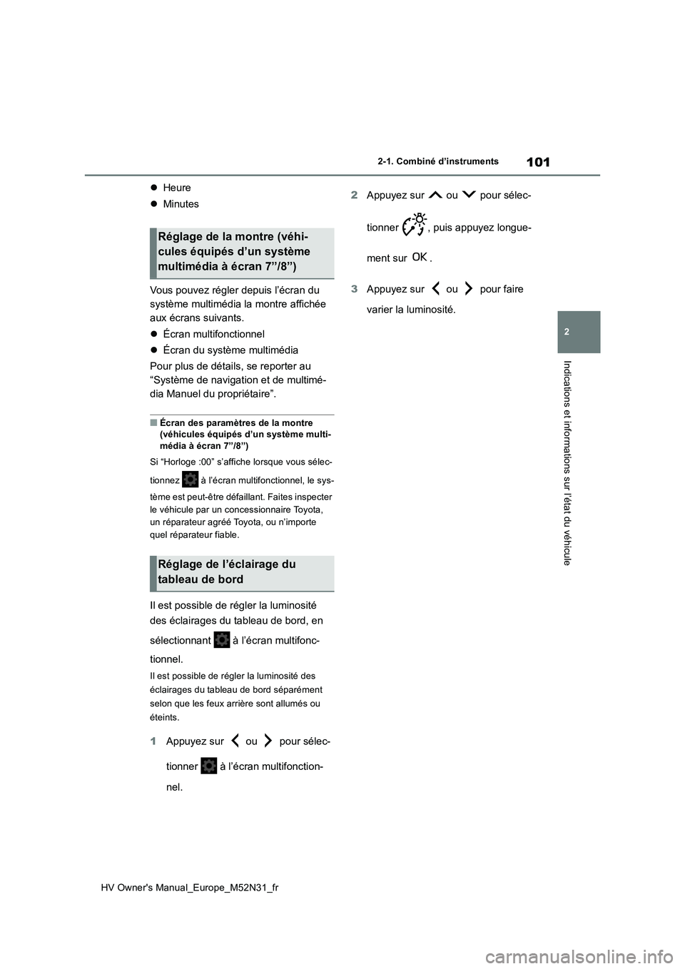 TOYOTA YARIS 2022  Notices Demploi (in French) 101
2
HV Owner's Manual_Europe_M52N31_fr
2-1. Combiné d’instruments
Indications et informations sur l’état du véhicule
Heure 
 Minutes 
Vous pouvez régler depuis l’écran du  
syst