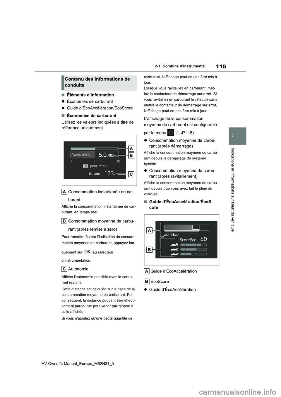 TOYOTA YARIS 2022  Notices Demploi (in French) 115
2
HV Owner's Manual_Europe_M52N31_fr
2-1. Combiné d’instruments
Indications et informations sur l’état du véhicule
■Éléments d’information 
 Économies de carburant 
 Guide 