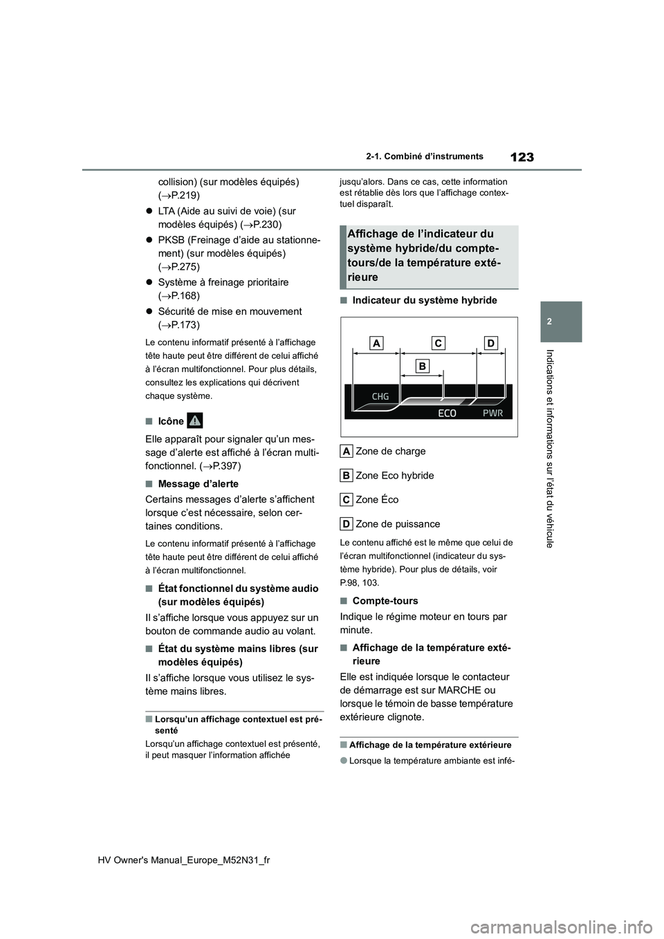 TOYOTA YARIS 2022  Notices Demploi (in French) 123
2
HV Owner's Manual_Europe_M52N31_fr
2-1. Combiné d’instruments
Indications et informations sur l’état du véhicule
collision) (sur modèles équipés)  
( P.219) 
 LTA (Aide au su