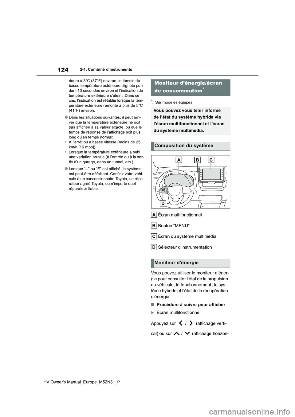 TOYOTA YARIS 2022  Notices Demploi (in French) 124
HV Owner's Manual_Europe_M52N31_fr
2-1. Combiné d’instruments 
rieure à 3°C (37°F) environ, le témoin de  basse température exté rieure clignote pen- dant 10 secondes environ et l’i