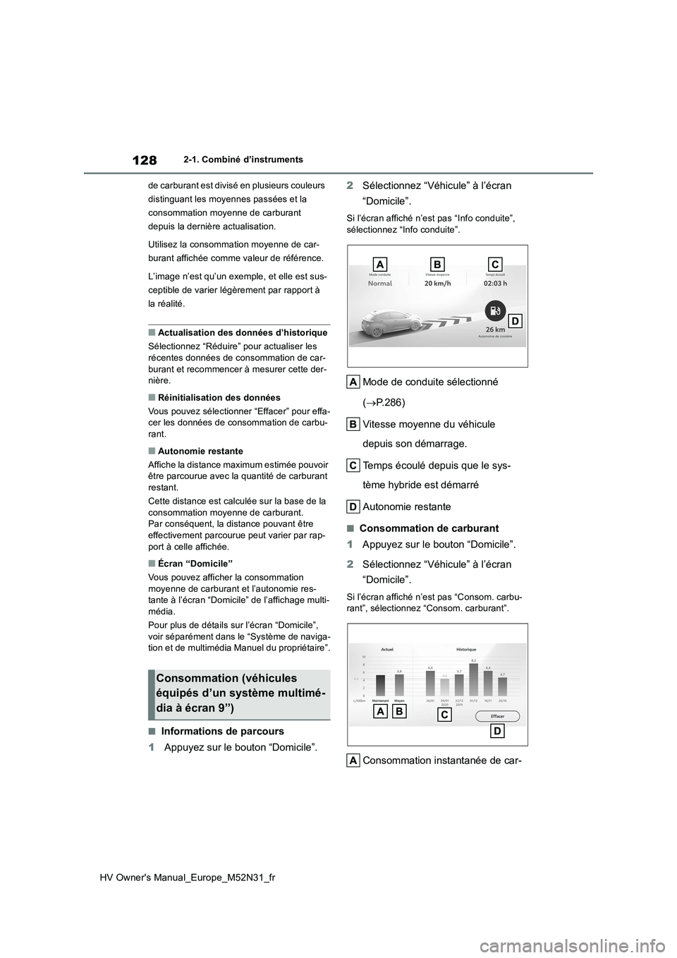 TOYOTA YARIS 2022  Notices Demploi (in French) 128
HV Owner's Manual_Europe_M52N31_fr
2-1. Combiné d’instruments 
de carburant est divisé  en plusieurs couleurs  
distinguant les moyennes passées et la 
consommation moyenne de carburant 
