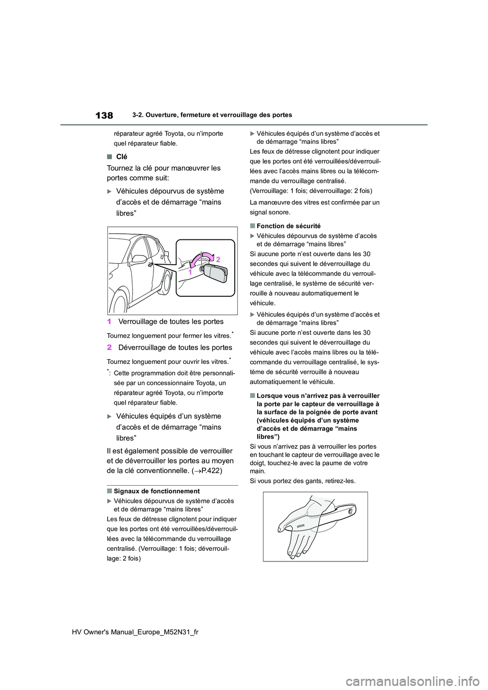 TOYOTA YARIS 2022  Notices Demploi (in French) 138
HV Owner's Manual_Europe_M52N31_fr
3-2. Ouverture, fermeture et verrouillage des portes 
réparateur agréé Toyota, ou n’importe  
quel réparateur fiable.
■Clé 
Tournez la clé pour man