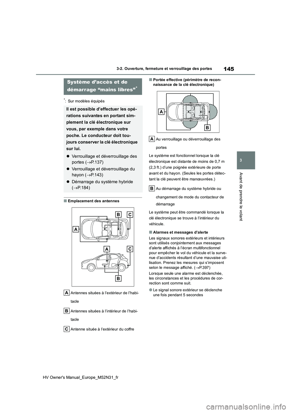 TOYOTA YARIS 2022  Notices Demploi (in French) 145
3
HV Owner's Manual_Europe_M52N31_fr
3-2. Ouverture, fermeture et verrouillage des portes
Avant de prendre le volant
*: Sur modèles équipés
■Emplacement des antennes 
Antennes situées à TOYOTA YARIS 2022  Notices Demploi (in French) 145
3
HV Owner's Manual_Europe_M52N31_fr
3-2. Ouverture, fermeture et verrouillage des portes
Avant de prendre le volant
*: Sur modèles équipés
■Emplacement des antennes 
Antennes situées à