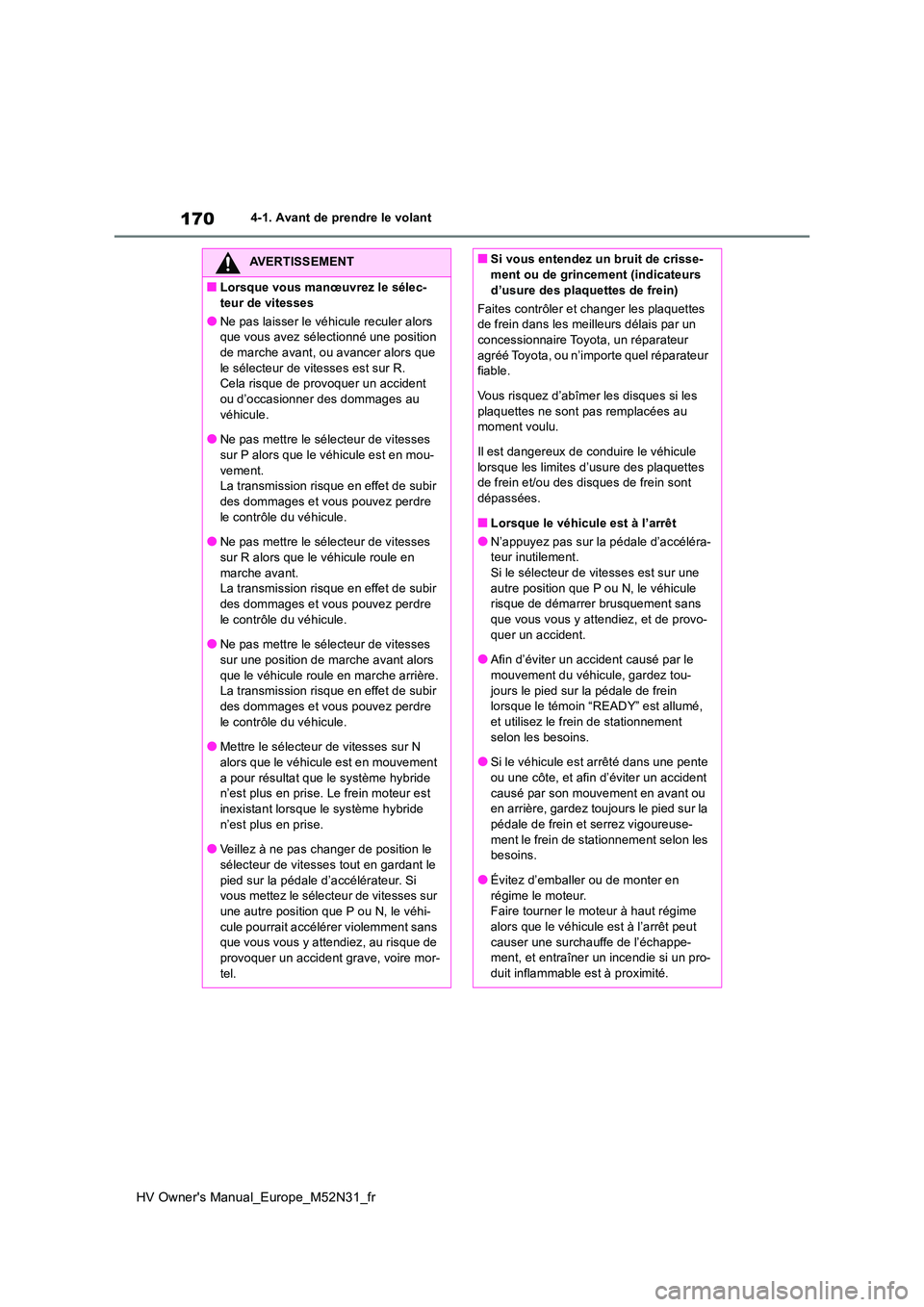 TOYOTA YARIS 2022  Notices Demploi (in French) 170
HV Owner's Manual_Europe_M52N31_fr
4-1. Avant de prendre le volant
AVERTISSEMENT
■Lorsque vous manœuvrez le sélec- 
teur de vitesses
●Ne pas laisser le véhicule reculer alors  que vous 