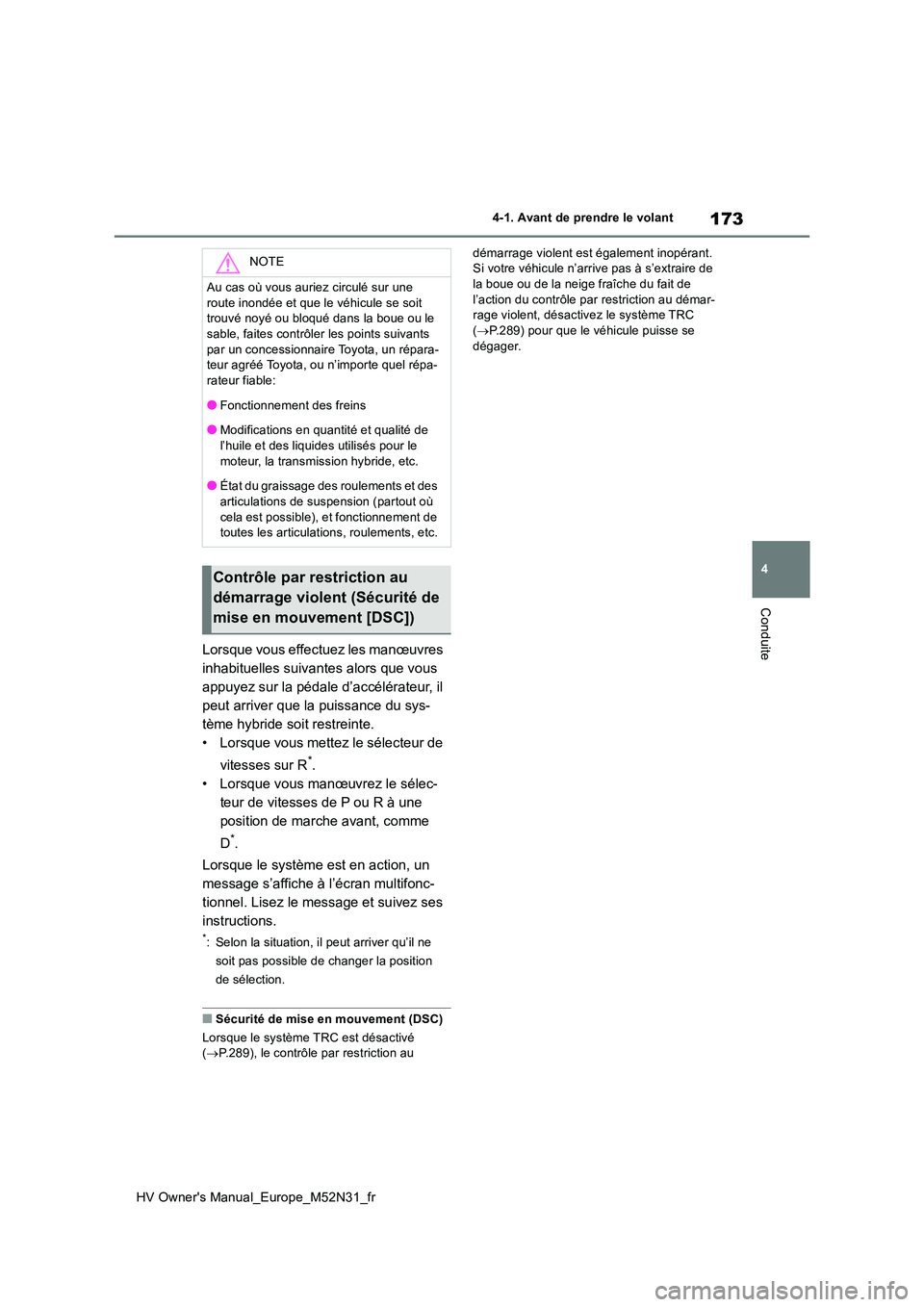 TOYOTA YARIS 2022  Notices Demploi (in French) 173
4
HV Owner's Manual_Europe_M52N31_fr
4-1. Avant de prendre le volant
Conduite
Lorsque vous effectuez les manœuvres  
inhabituelles suivantes alors que vous 
appuyez sur la pédale d’accél�