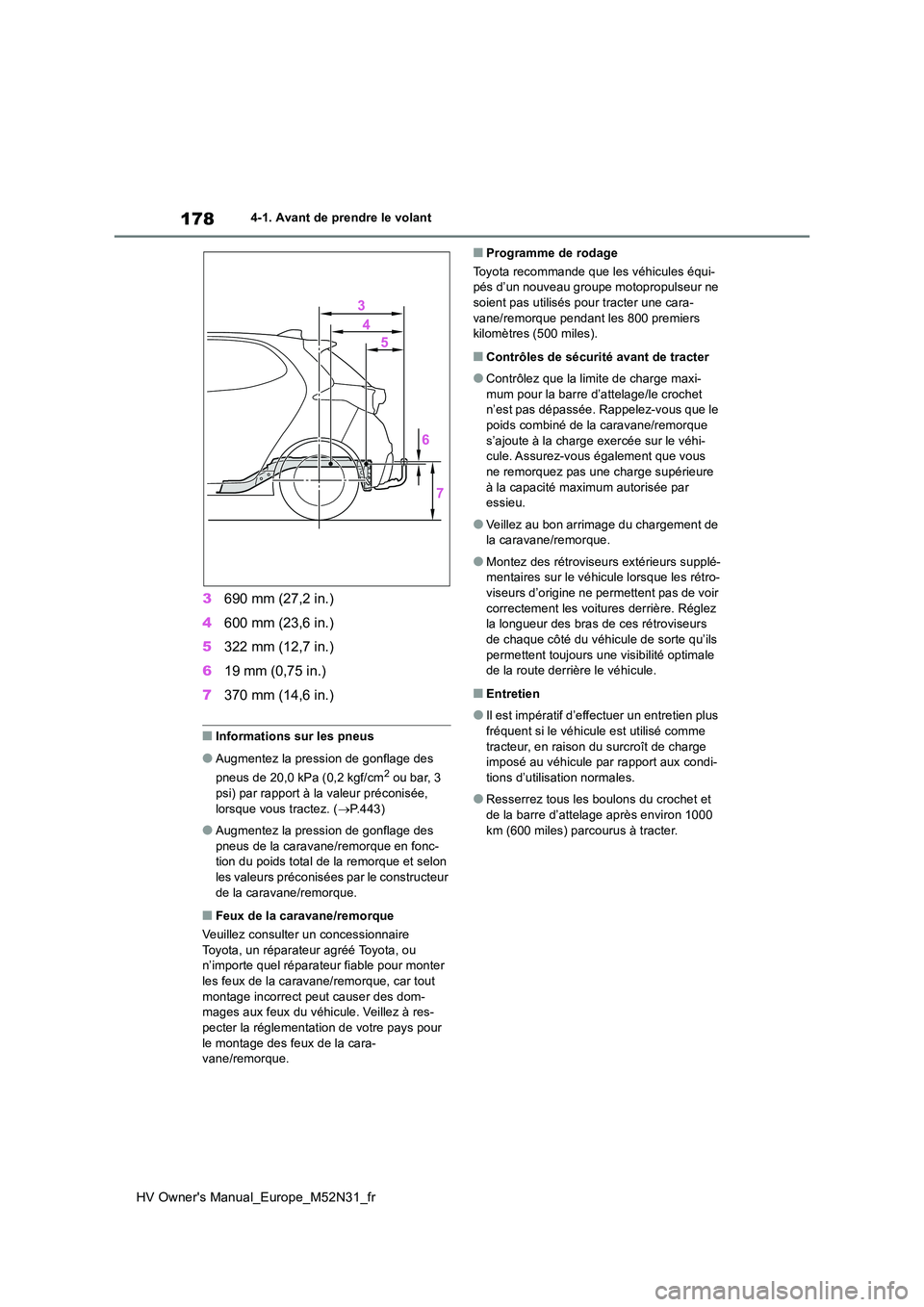 TOYOTA YARIS 2022  Notices Demploi (in French) 178
HV Owner's Manual_Europe_M52N31_fr
4-1. Avant de prendre le volant
3690 mm (27,2 in.) 
4 600 mm (23,6 in.) 
5 322 mm (12,7 in.) 
6 19 mm (0,75 in.) 
7 370 mm (14,6 in.)
■Informations sur les
