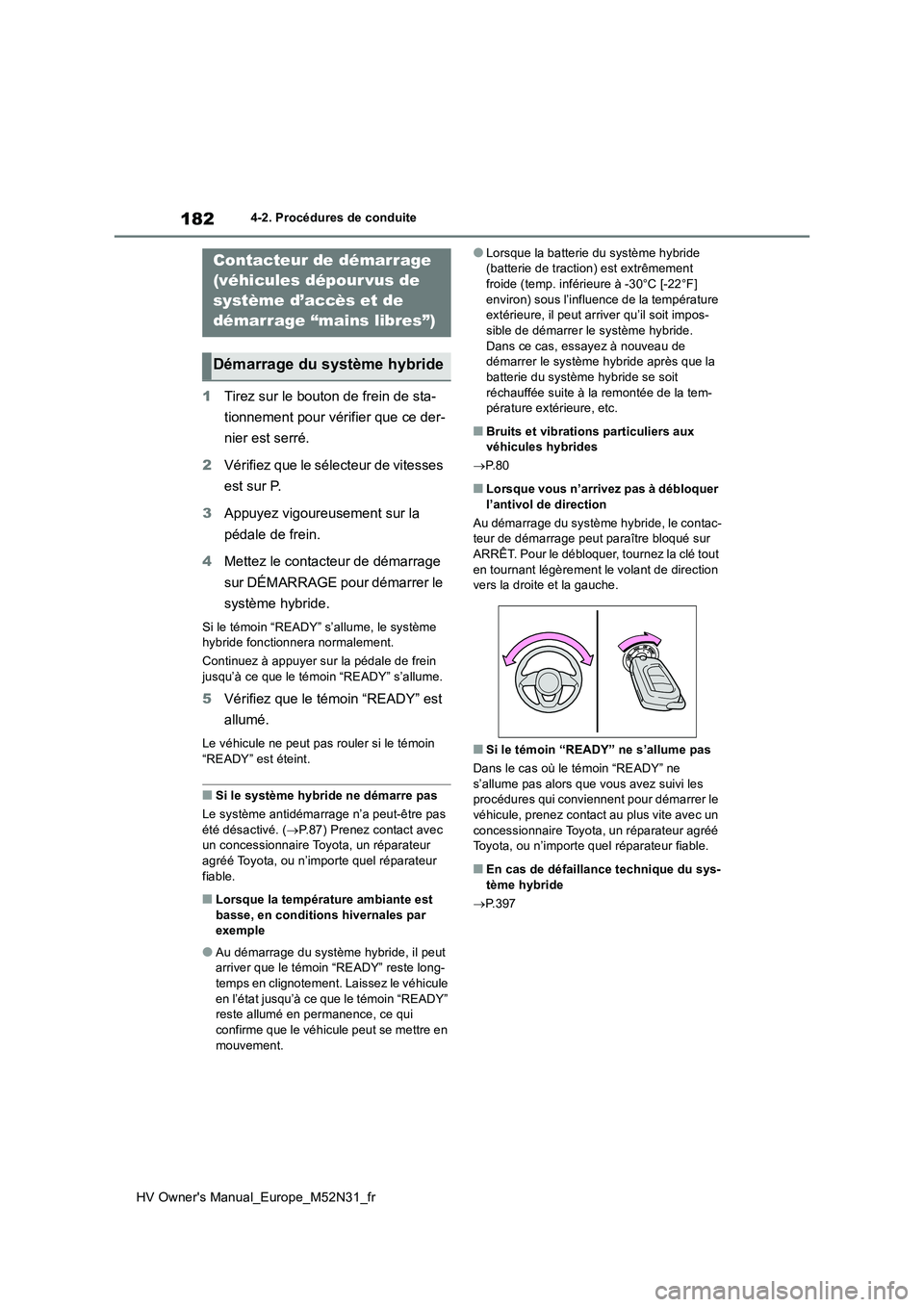TOYOTA YARIS 2022 Notices Demploi (in French) 182
HV Owner's Manual_Europe_M52N31_fr
4-2. Procédures de conduite
4-2.Pro cédures de co nduite
1Tirez sur le bouton de frein de sta-
tionnement pour vérifier que ce der-
nier est serré.
2 TOYOTA YARIS 2022 Notices Demploi (in French) 182
HV Owner's Manual_Europe_M52N31_fr
4-2. Procédures de conduite
4-2.Pro cédures de co nduite
1Tirez sur le bouton de frein de sta-
tionnement pour vérifier que ce der-
nier est serré.
2