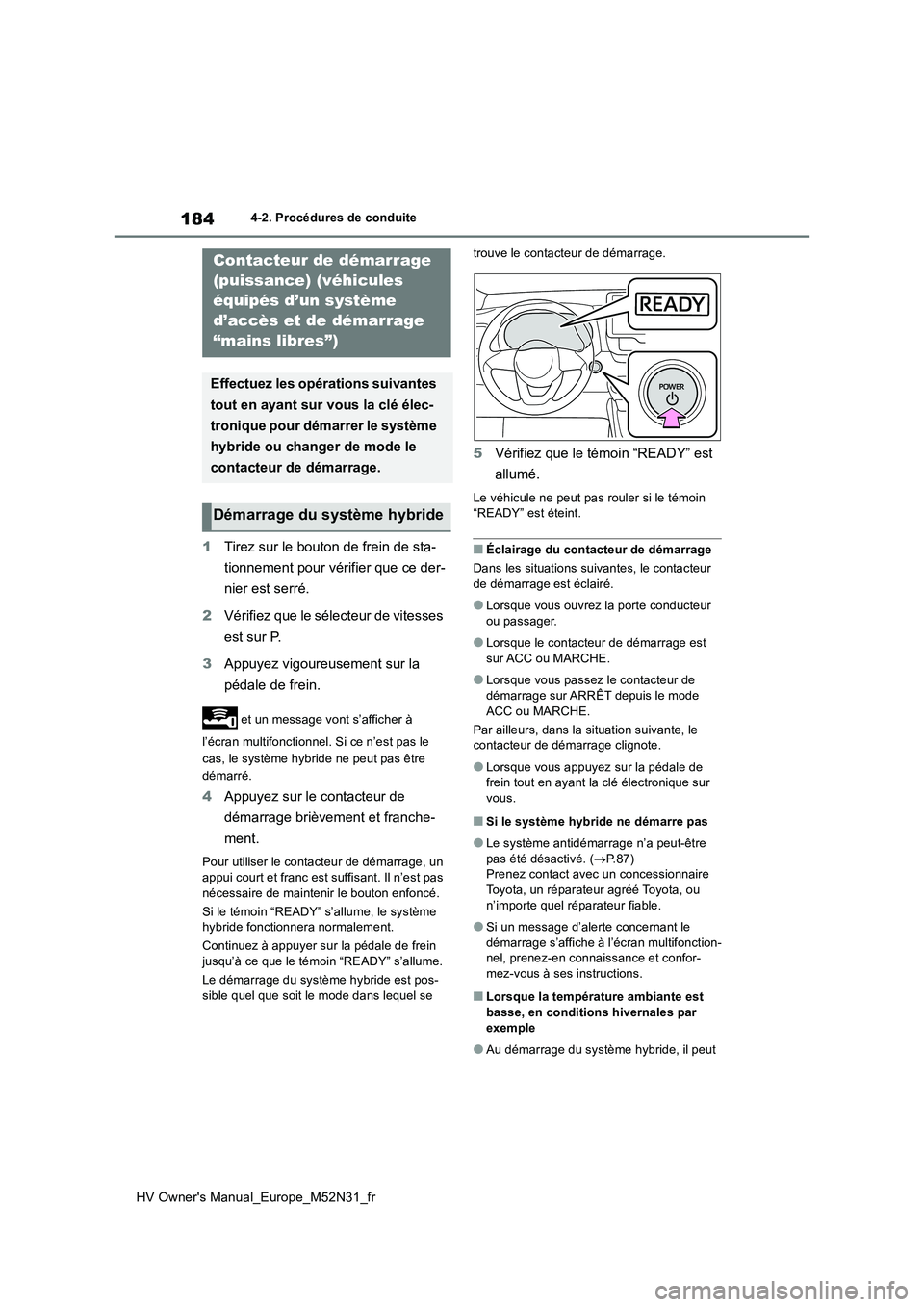 TOYOTA YARIS 2022  Notices Demploi (in French) 184
HV Owner's Manual_Europe_M52N31_fr
4-2. Procédures de conduite
1Tirez sur le bouton de frein de sta- 
tionnement pour vérifier que ce der- 
nier est serré. 
2 Vérifiez que le sélecteur de