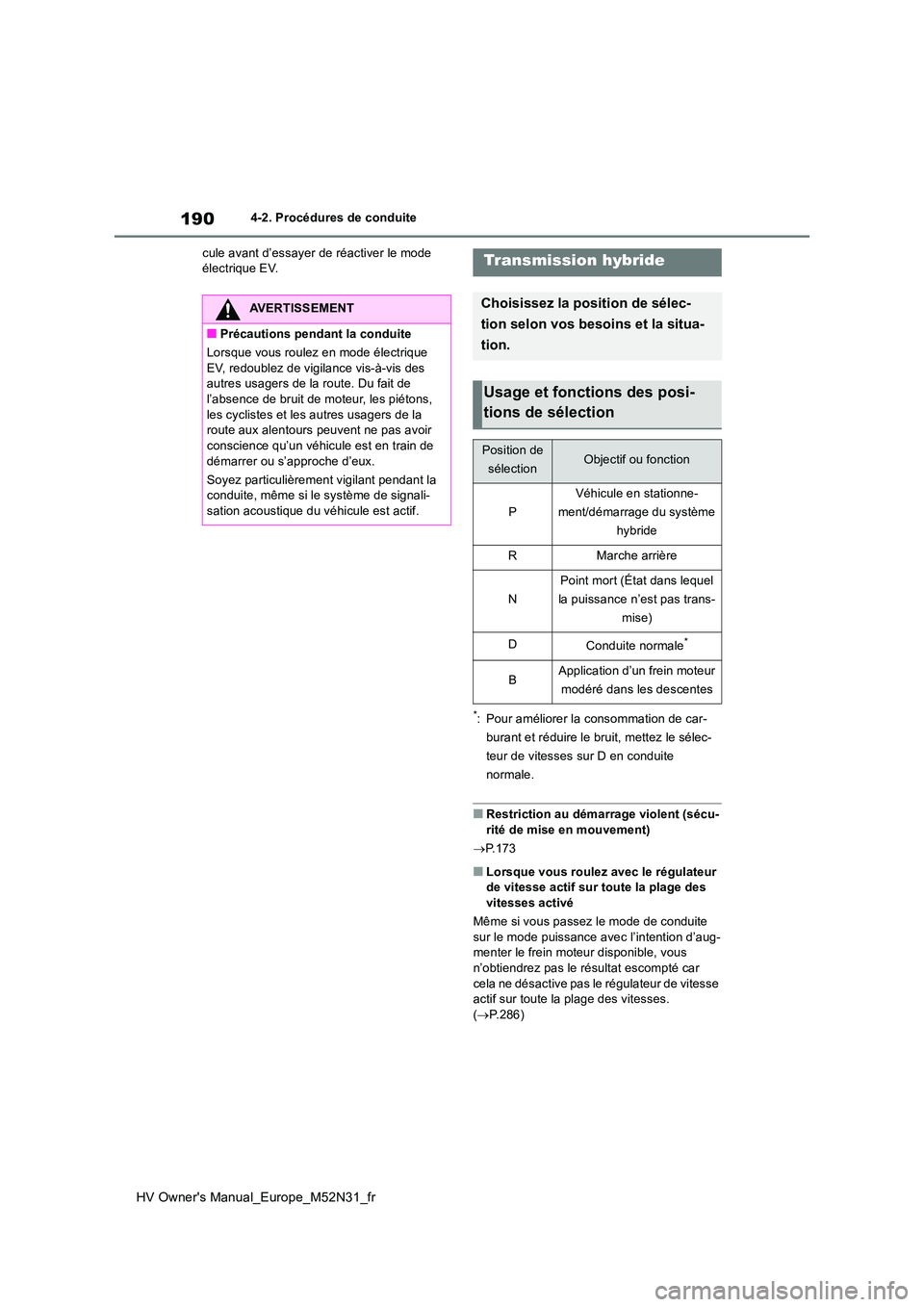 TOYOTA YARIS 2022  Notices Demploi (in French) 190
HV Owner's Manual_Europe_M52N31_fr
4-2. Procédures de conduite 
cule avant d’essayer de réactiver le mode  électrique EV.
*: Pour améliorer la consommation de car- 
burant et réduire le