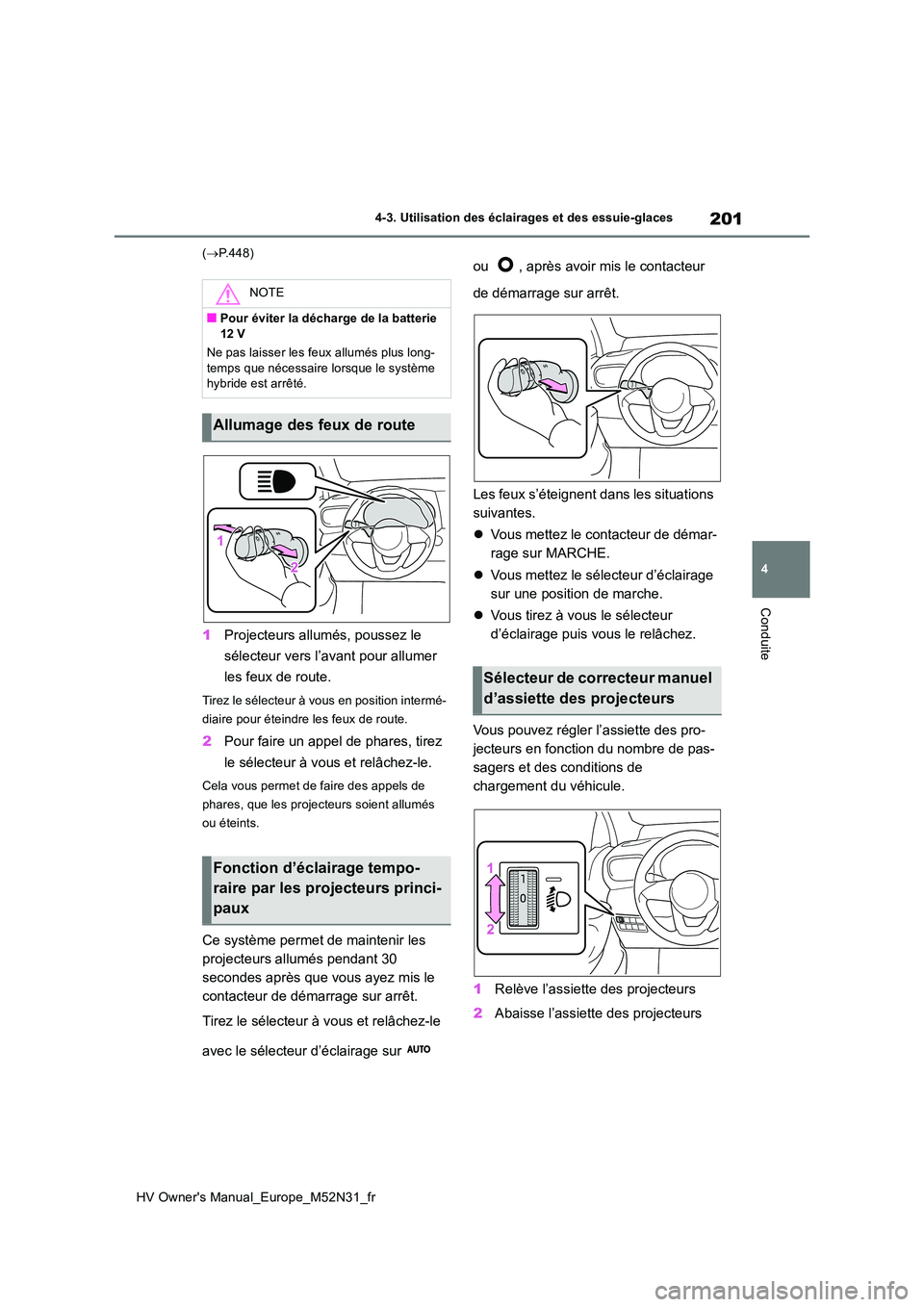 TOYOTA YARIS 2022 Notices Demploi (in French) 201
4
HV Owner's Manual_Europe_M52N31_fr
4-3. Utilisation des éclairages et des essuie-glaces
Conduite
(P.448)
1Projecteurs allumés, poussez le
sélecteur vers l’avant pour allumer
les TOYOTA YARIS 2022 Notices Demploi (in French) 201
4
HV Owner's Manual_Europe_M52N31_fr
4-3. Utilisation des éclairages et des essuie-glaces
Conduite
(P.448)
1Projecteurs allumés, poussez le
sélecteur vers l’avant pour allumer
les