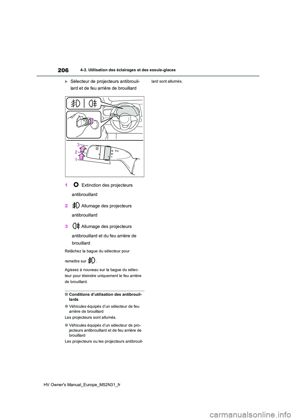 TOYOTA YARIS 2022 Notices Demploi (in French) 206
HV Owner's Manual_Europe_M52N31_fr
4-3. Utilisation des éclairages et des essuie-glaces
Sélecteur de projecteurs antibrouil-
lard et de feu arrière de brouillard
1 Extinction des proj TOYOTA YARIS 2022 Notices Demploi (in French) 206
HV Owner's Manual_Europe_M52N31_fr
4-3. Utilisation des éclairages et des essuie-glaces
Sélecteur de projecteurs antibrouil-
lard et de feu arrière de brouillard
1 Extinction des proj