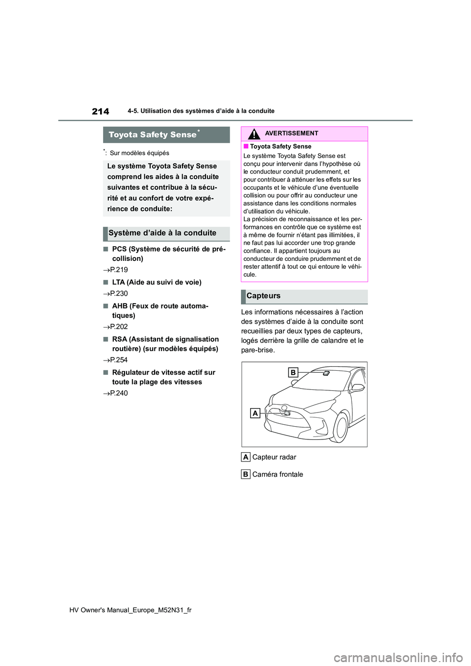 TOYOTA YARIS 2022 Notices Demploi (in French) 214
HV Owner's Manual_Europe_M52N31_fr
4-5. Utilisation des systèmes d’aide à la conduite
4-5.Utilis ation des s ystèmes d’aide à la con duite
*: Sur modèles équipés
■PCS (Système d TOYOTA YARIS 2022 Notices Demploi (in French) 214
HV Owner's Manual_Europe_M52N31_fr
4-5. Utilisation des systèmes d’aide à la conduite
4-5.Utilis ation des s ystèmes d’aide à la con duite
*: Sur modèles équipés
■PCS (Système d