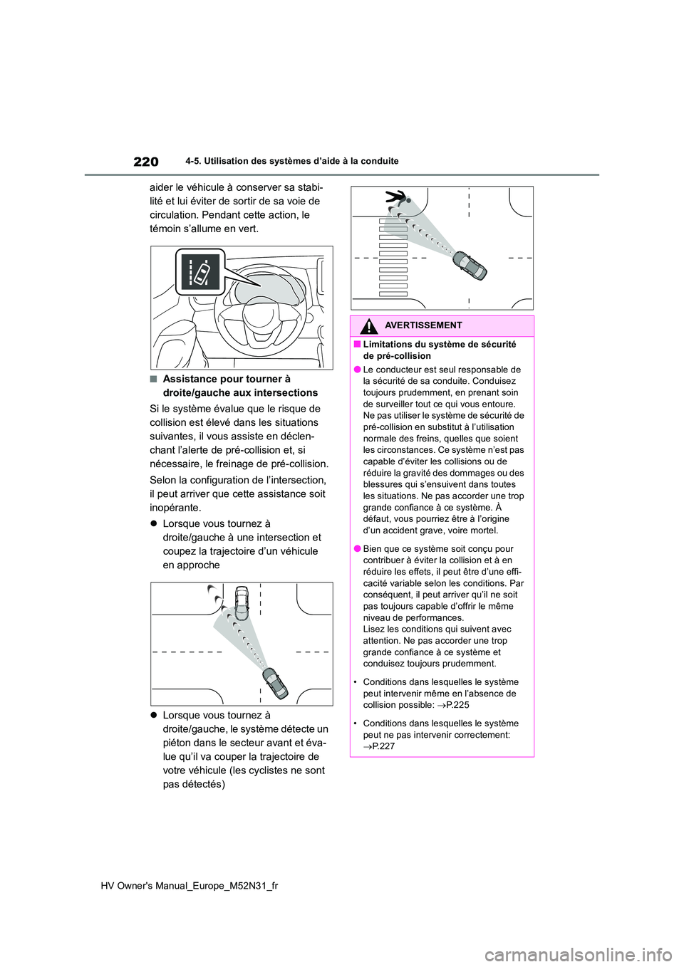 TOYOTA YARIS 2022  Notices Demploi (in French) 220
HV Owner's Manual_Europe_M52N31_fr
4-5. Utilisation des systèmes d’aide à la conduite
aider le véhicule à conserver sa stabi- 
lité et lui éviter de sortir de sa voie de 
circulation. 
