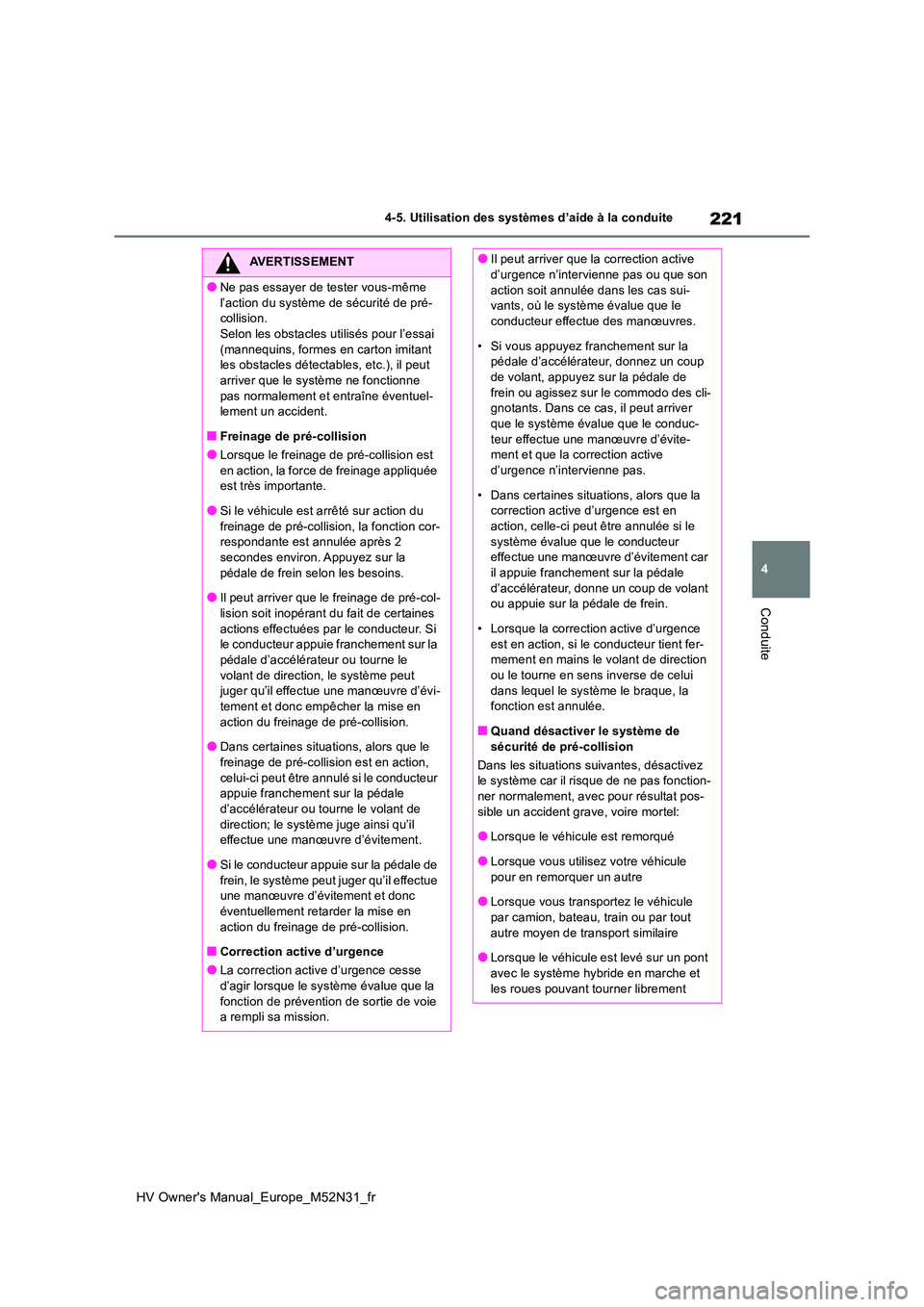TOYOTA YARIS 2022  Notices Demploi (in French) 221
4
HV Owner's Manual_Europe_M52N31_fr
4-5. Utilisation des systèmes d’aide à la conduite
Conduite
AVERTISSEMENT
●Ne pas essayer de tester vous-même  
l’action du système de sécurité